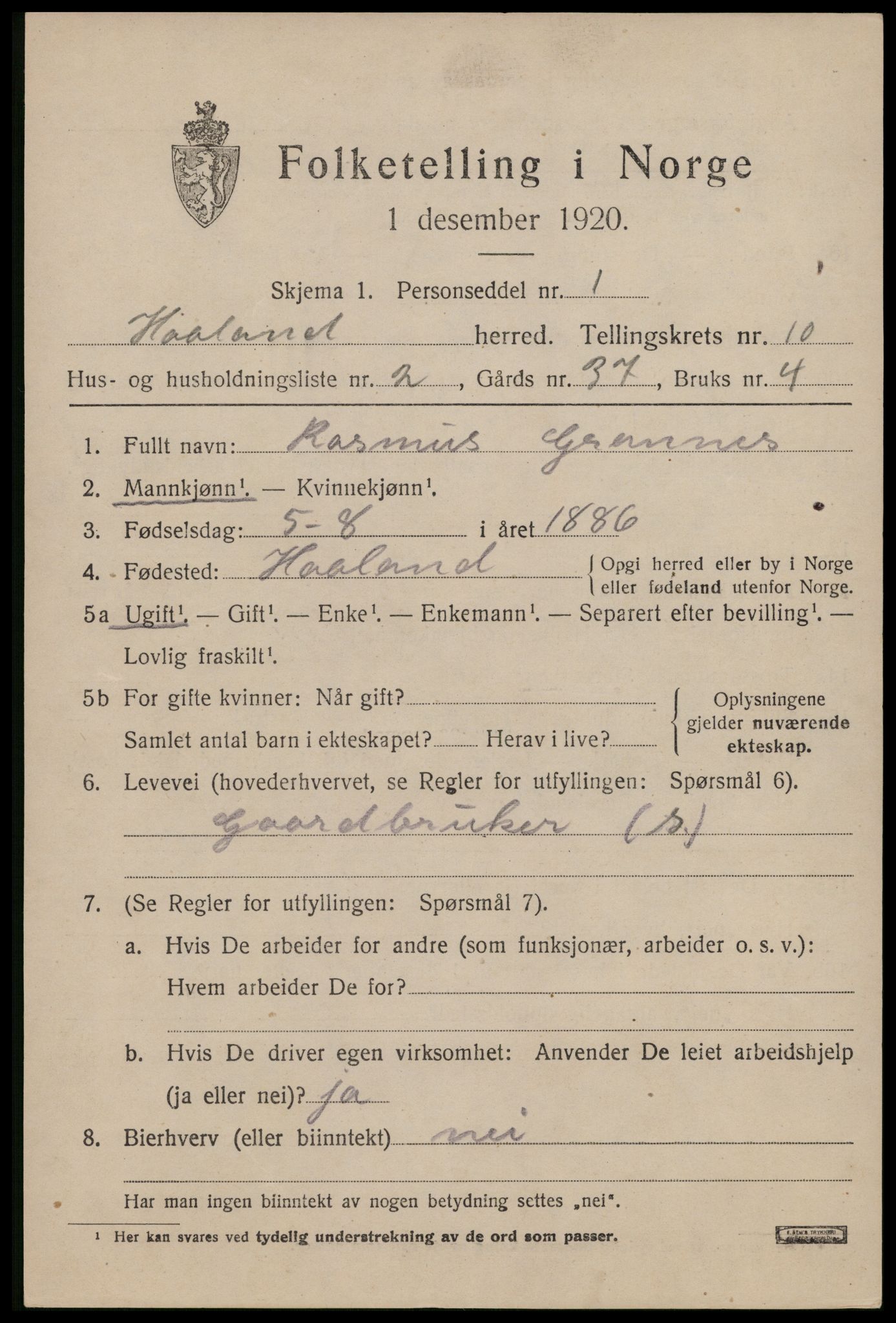 SAST, 1920 census for Håland, 1920, p. 7511