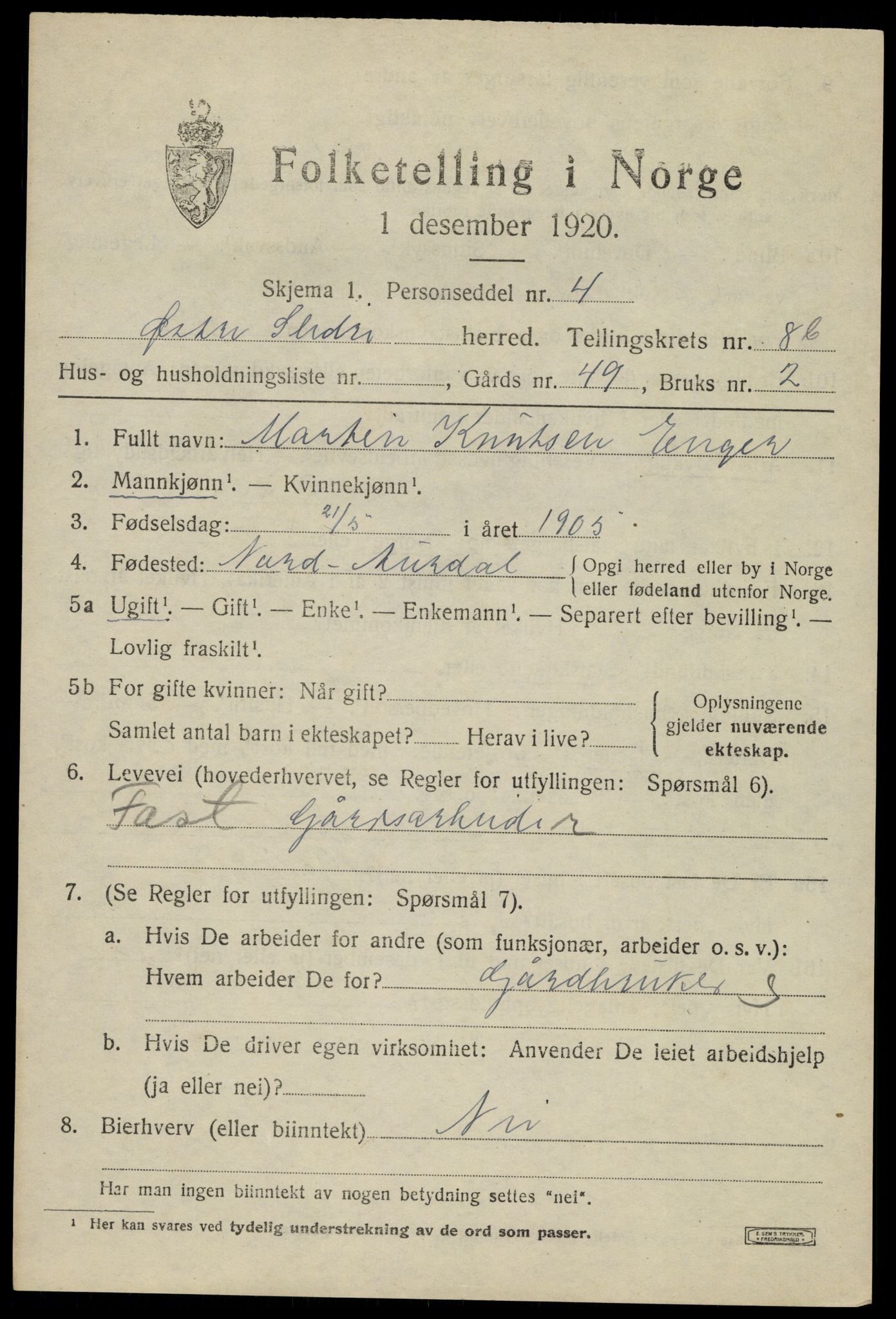 SAH, 1920 census for Øystre Slidre, 1920, p. 5877