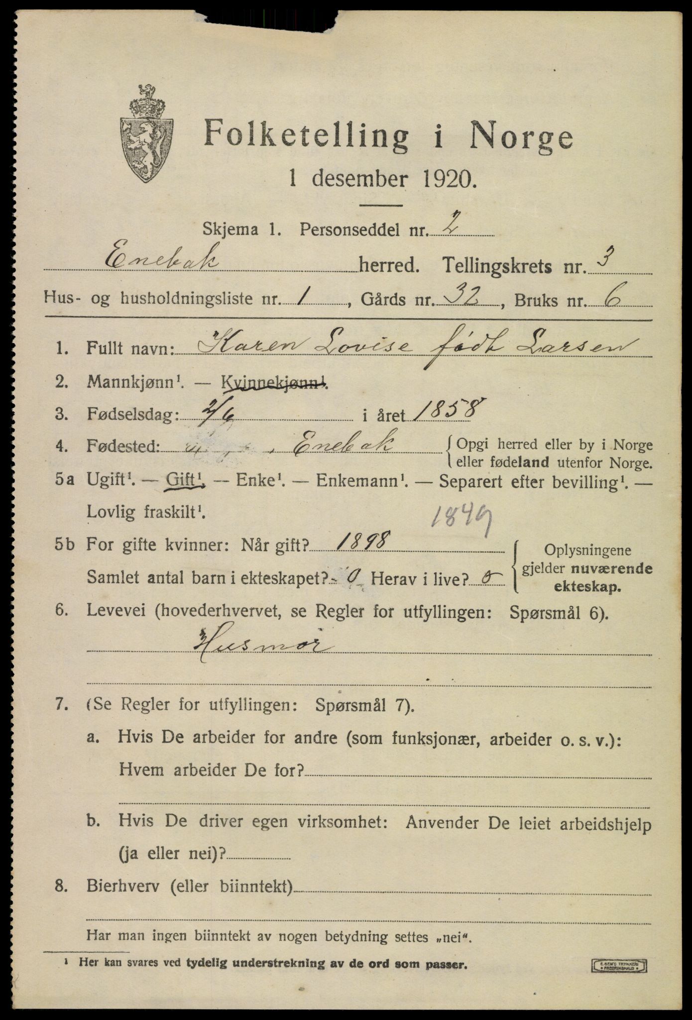 SAO, 1920 census for Enebakk, 1920, p. 2747