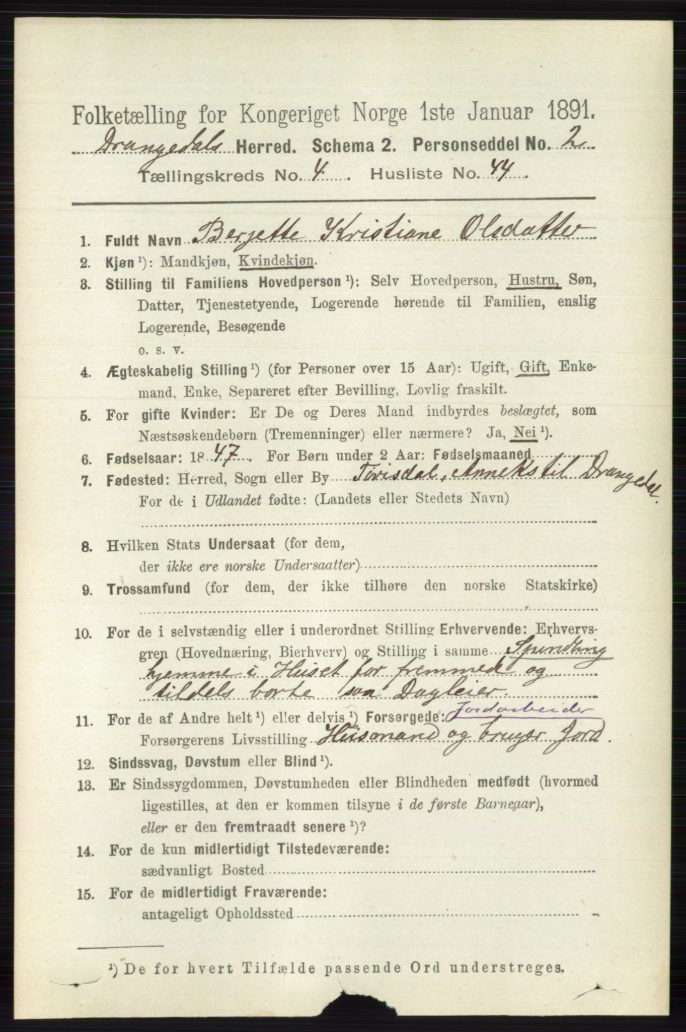 RA, 1891 census for 0817 Drangedal, 1891, p. 1607