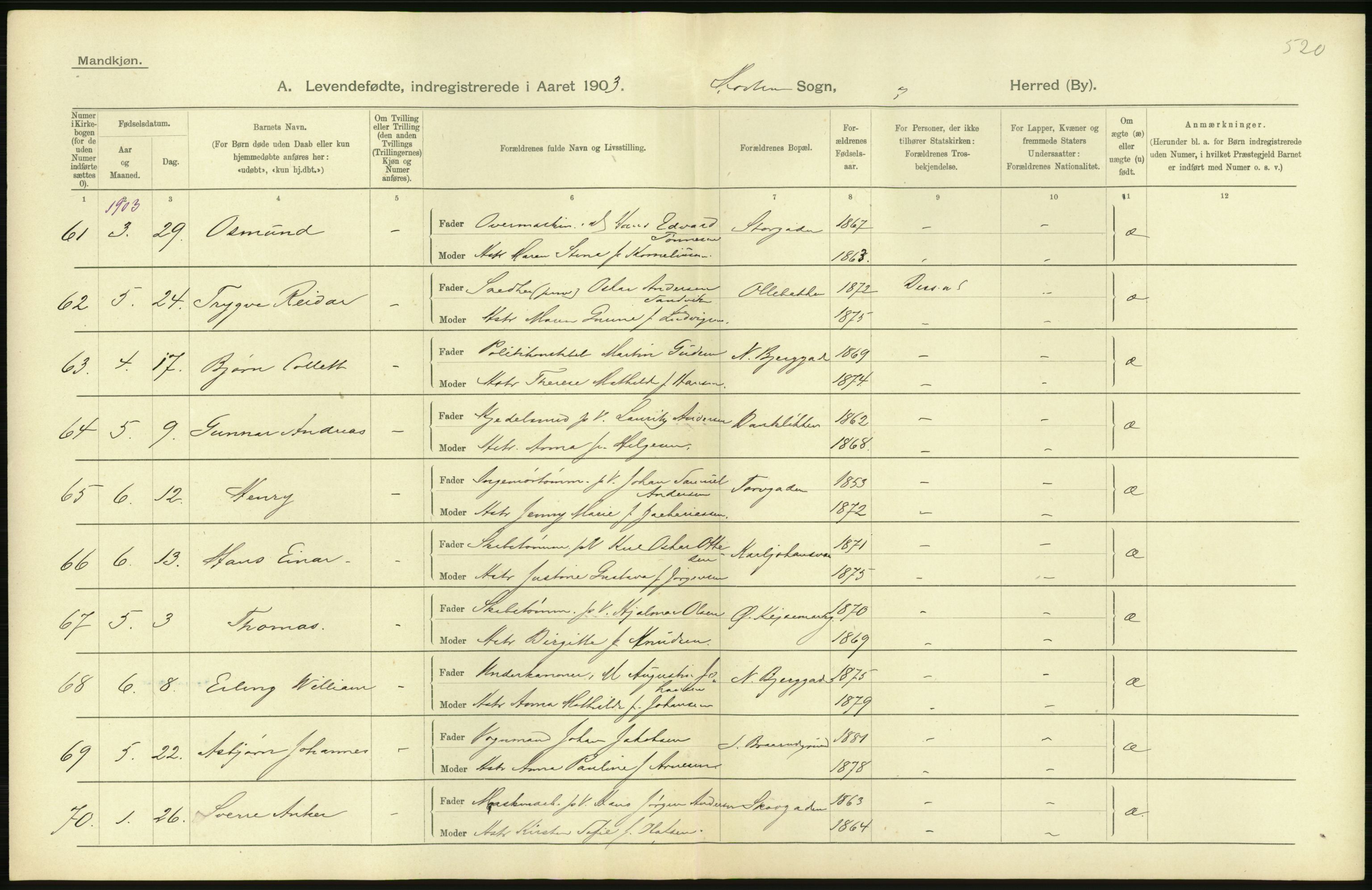 Statistisk sentralbyrå, Sosiodemografiske emner, Befolkning, AV/RA-S-2228/D/Df/Dfa/Dfaa/L0008: Jarlsberg og Larvik amt: Fødte, gifte, døde, 1903, p. 350