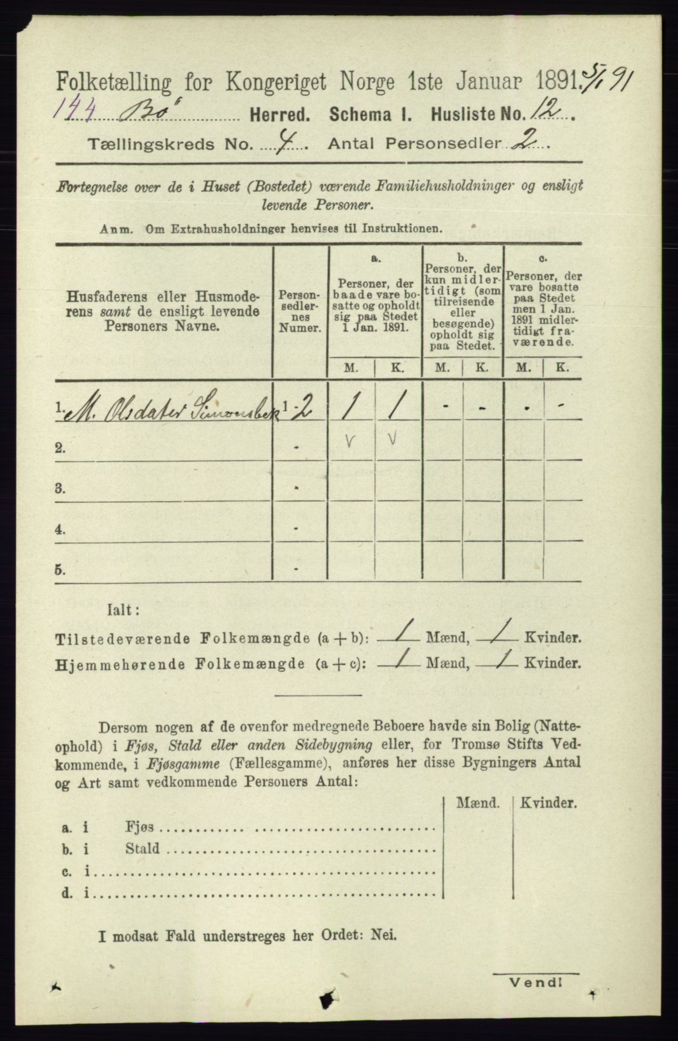 RA, 1891 census for 0821 Bø, 1891, p. 1212