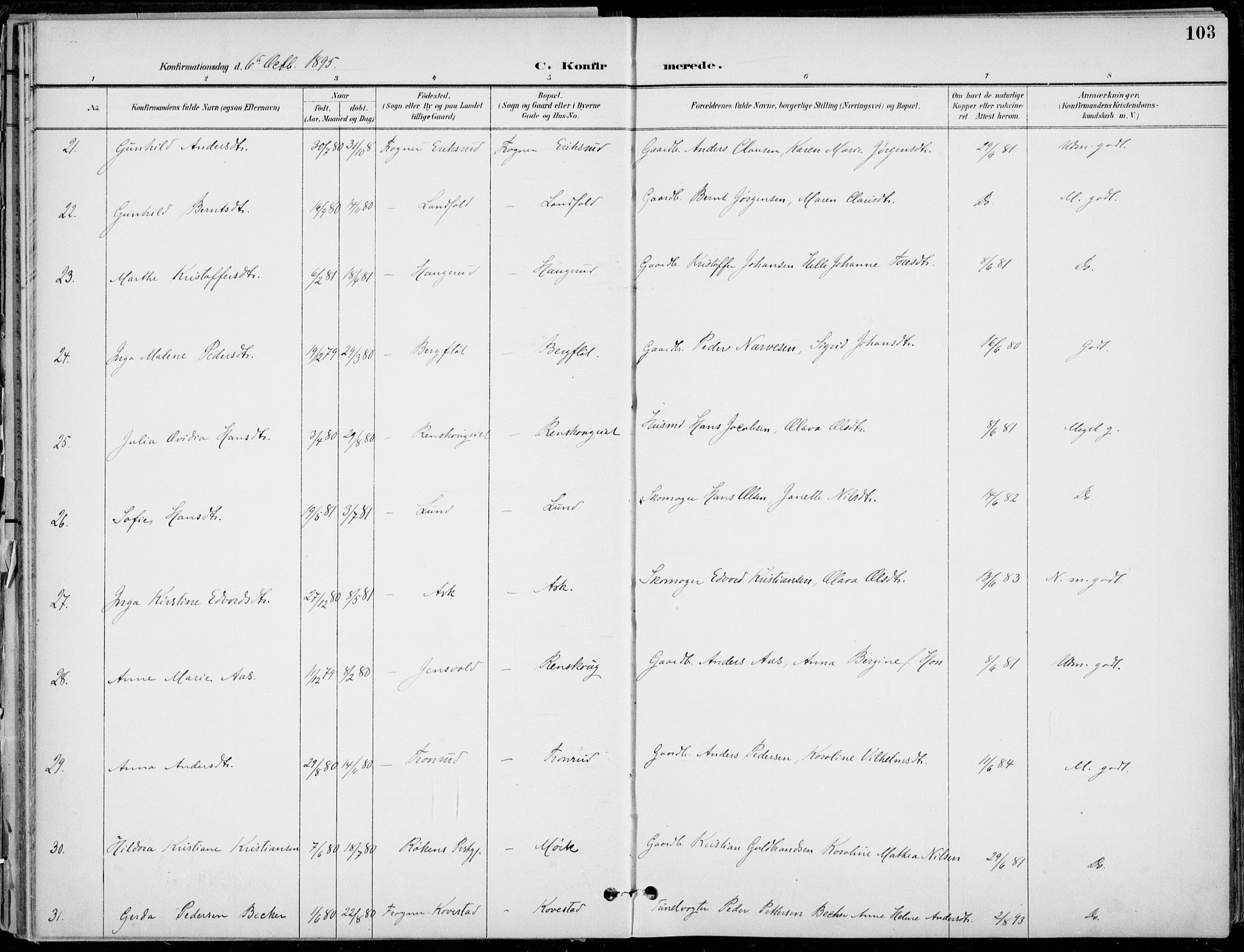 Lier kirkebøker, SAKO/A-230/F/Fa/L0016: Parish register (official) no. I 16, 1895-1900, p. 103