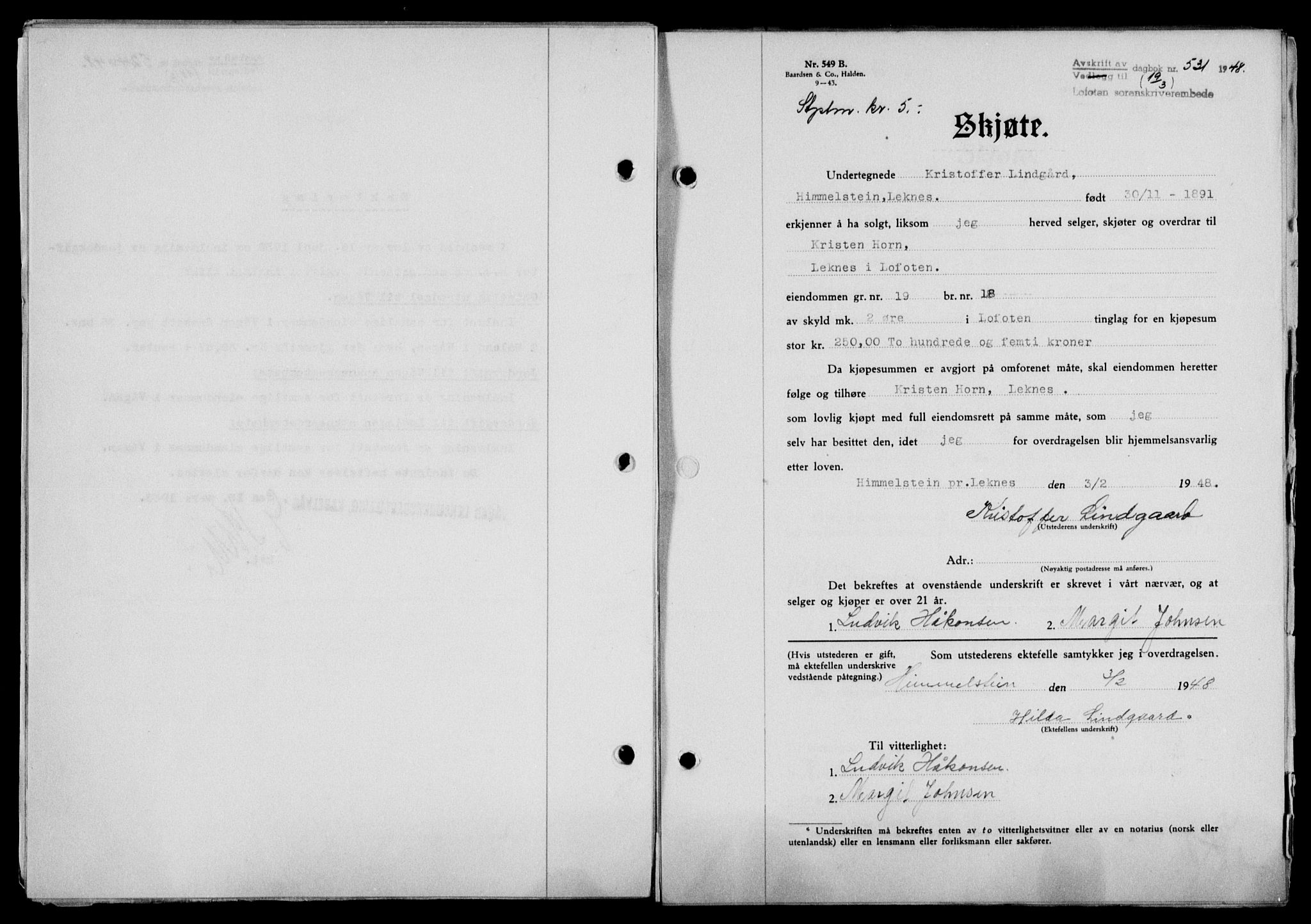 Lofoten sorenskriveri, SAT/A-0017/1/2/2C/L0018a: Mortgage book no. 18a, 1948-1948, Diary no: : 531/1948