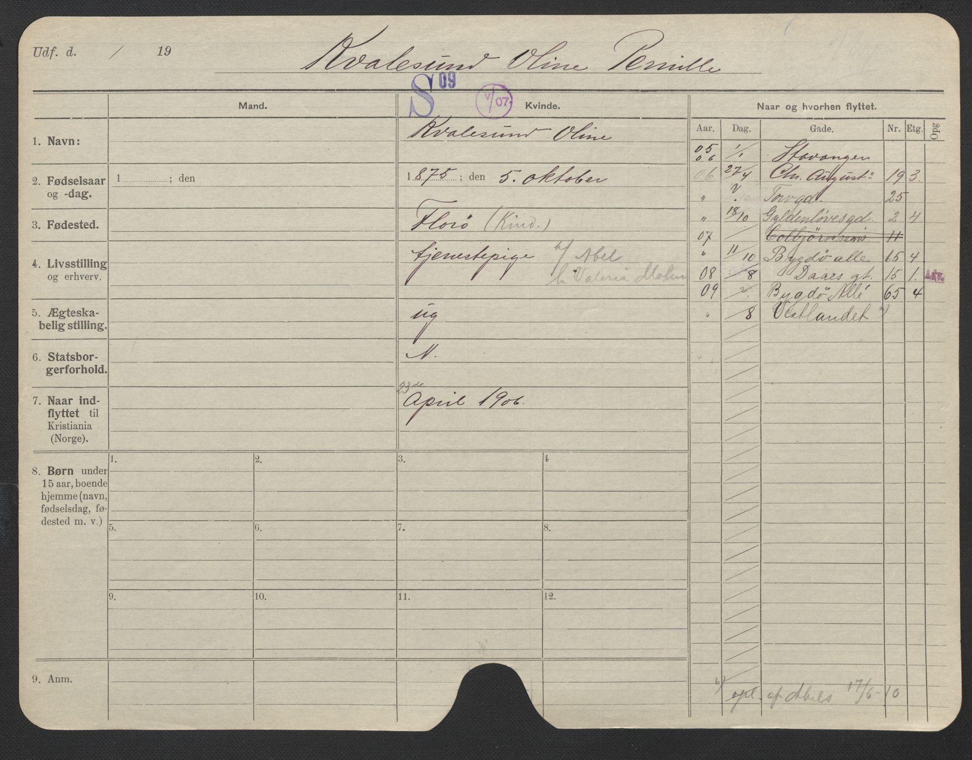 Oslo folkeregister, Registerkort, AV/SAO-A-11715/F/Fa/Fac/L0019: Kvinner, 1906-1914, p. 652a