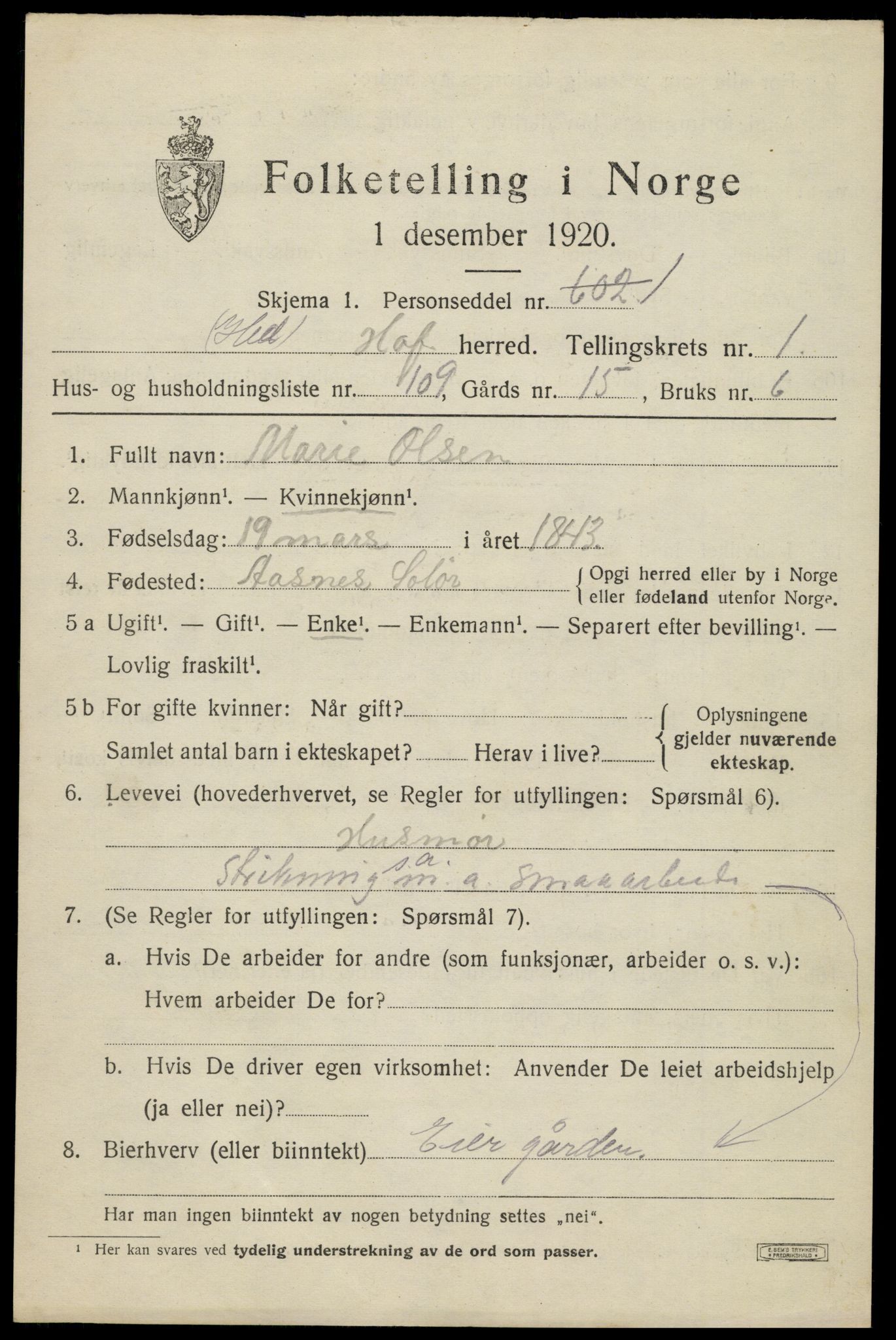 SAH, 1920 census for Hof, 1920, p. 2505