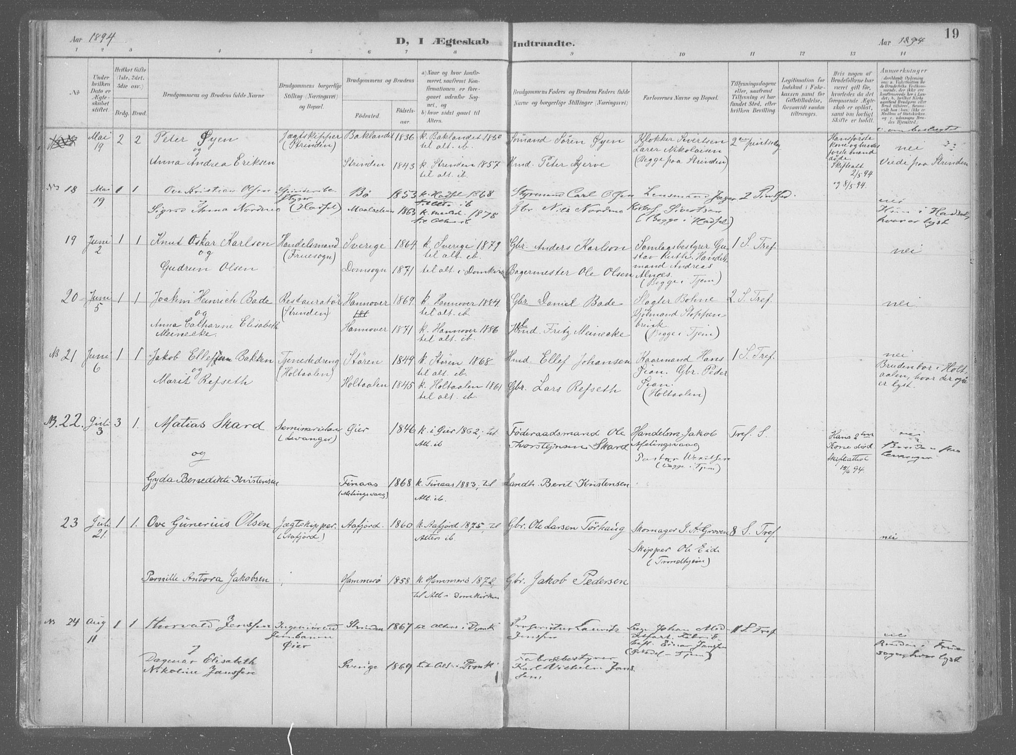 Ministerialprotokoller, klokkerbøker og fødselsregistre - Sør-Trøndelag, SAT/A-1456/601/L0064: Parish register (official) no. 601A31, 1891-1911, p. 19