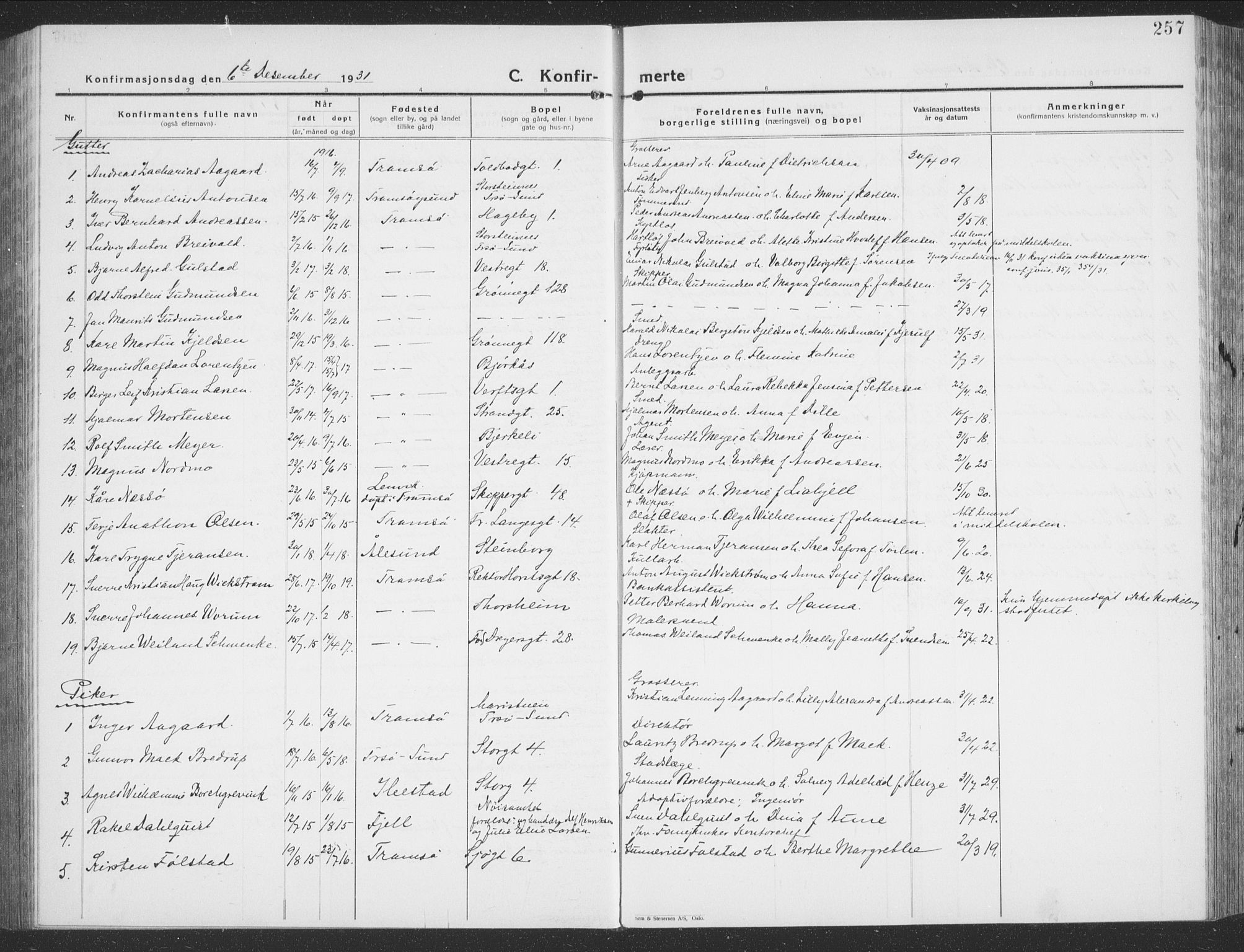 Tromsø sokneprestkontor/stiftsprosti/domprosti, AV/SATØ-S-1343/G/Gb/L0010klokker: Parish register (copy) no. 10, 1925-1937, p. 257