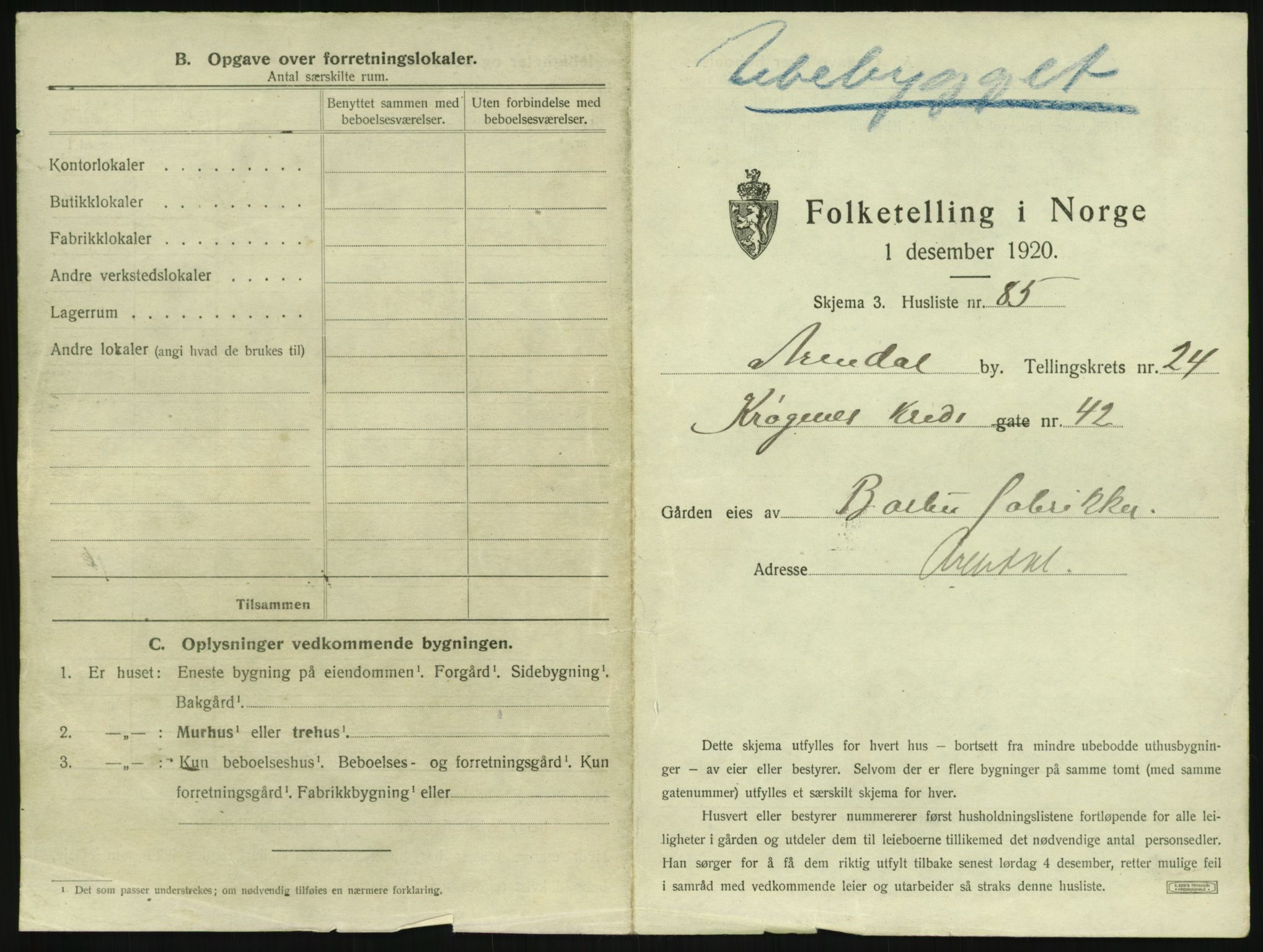 SAK, 1920 census for Arendal, 1920, p. 3920