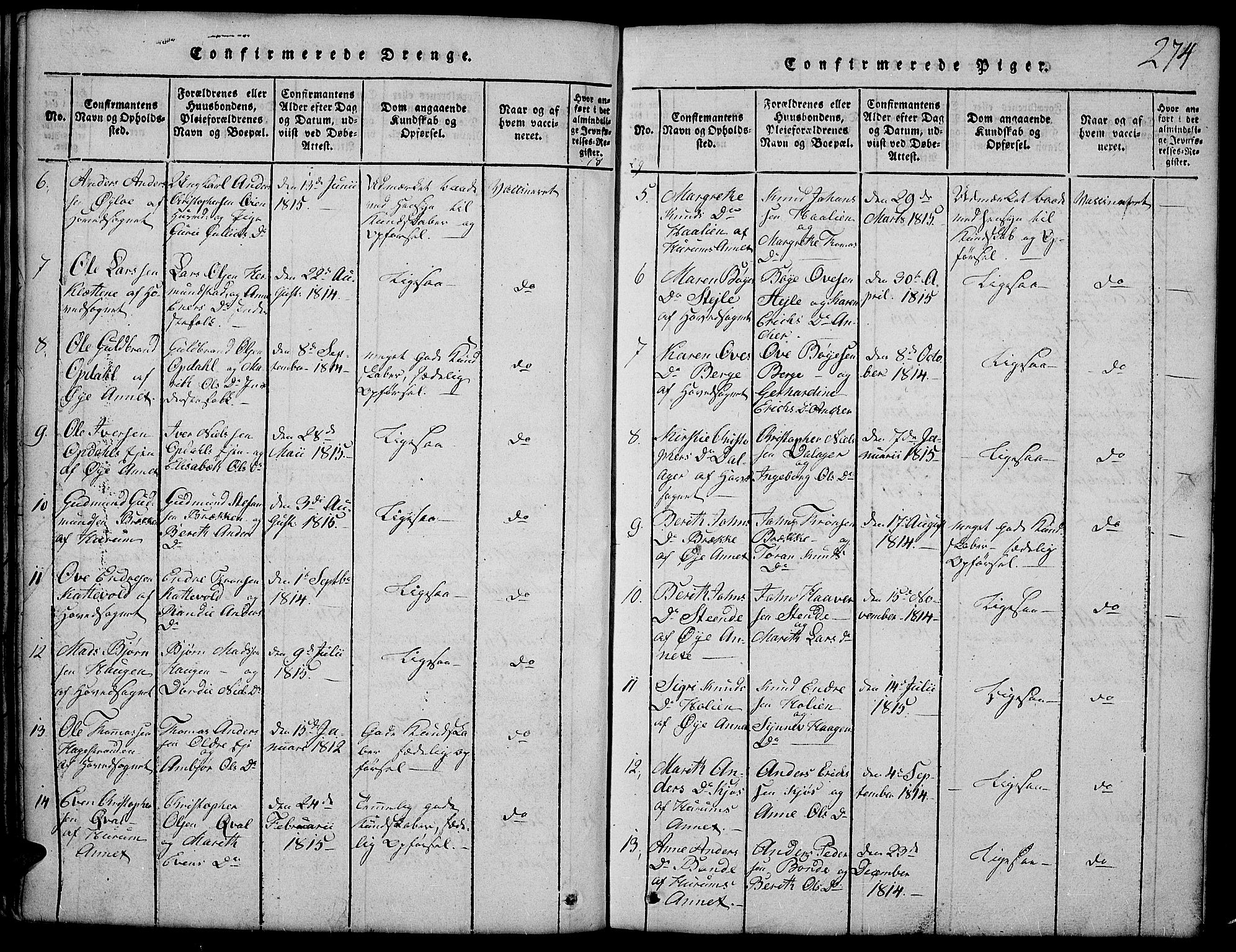 Vang prestekontor, Valdres, AV/SAH-PREST-140/H/Hb/L0002: Parish register (copy) no. 2, 1814-1889, p. 274