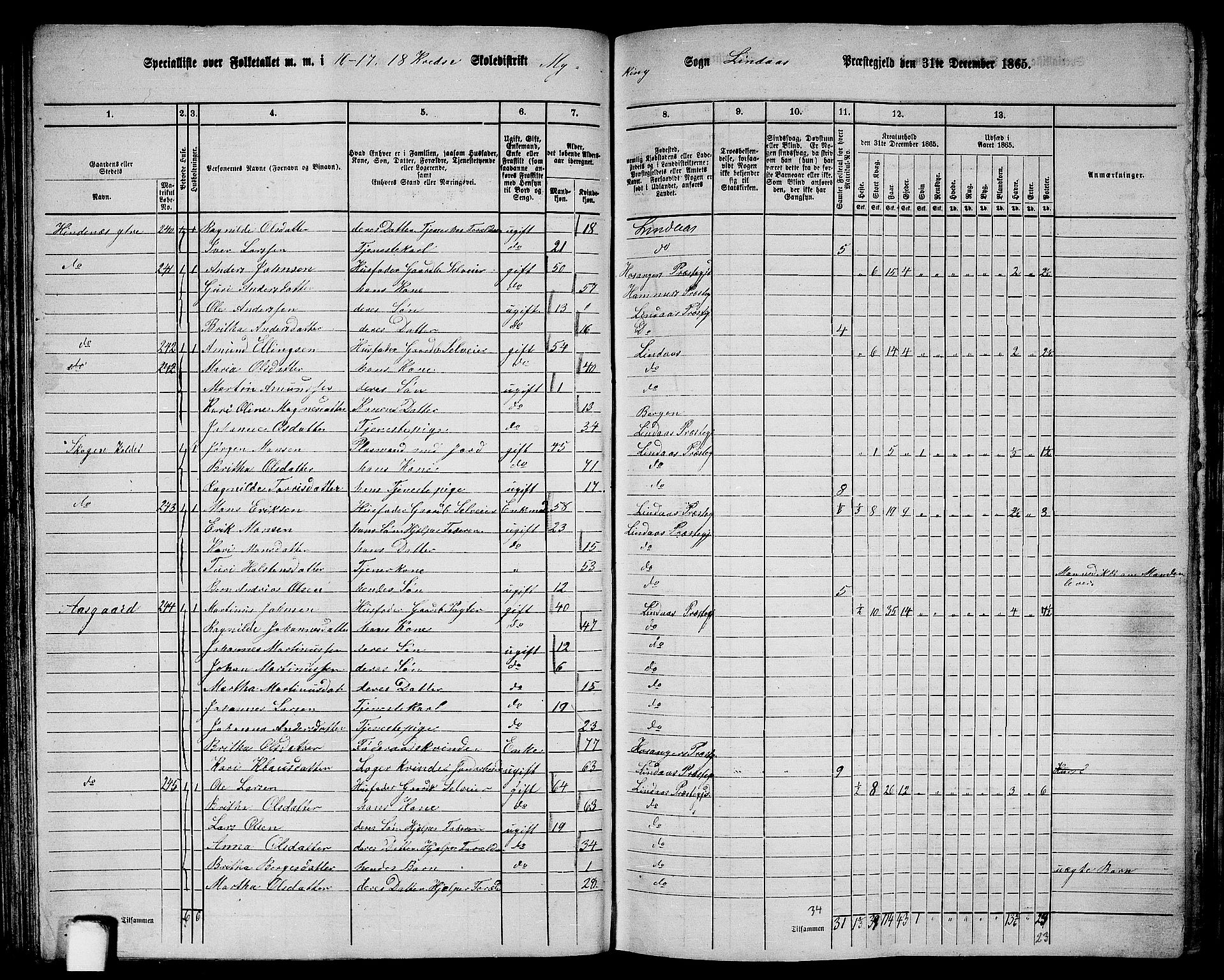 RA, 1865 census for Lindås, 1865, p. 118