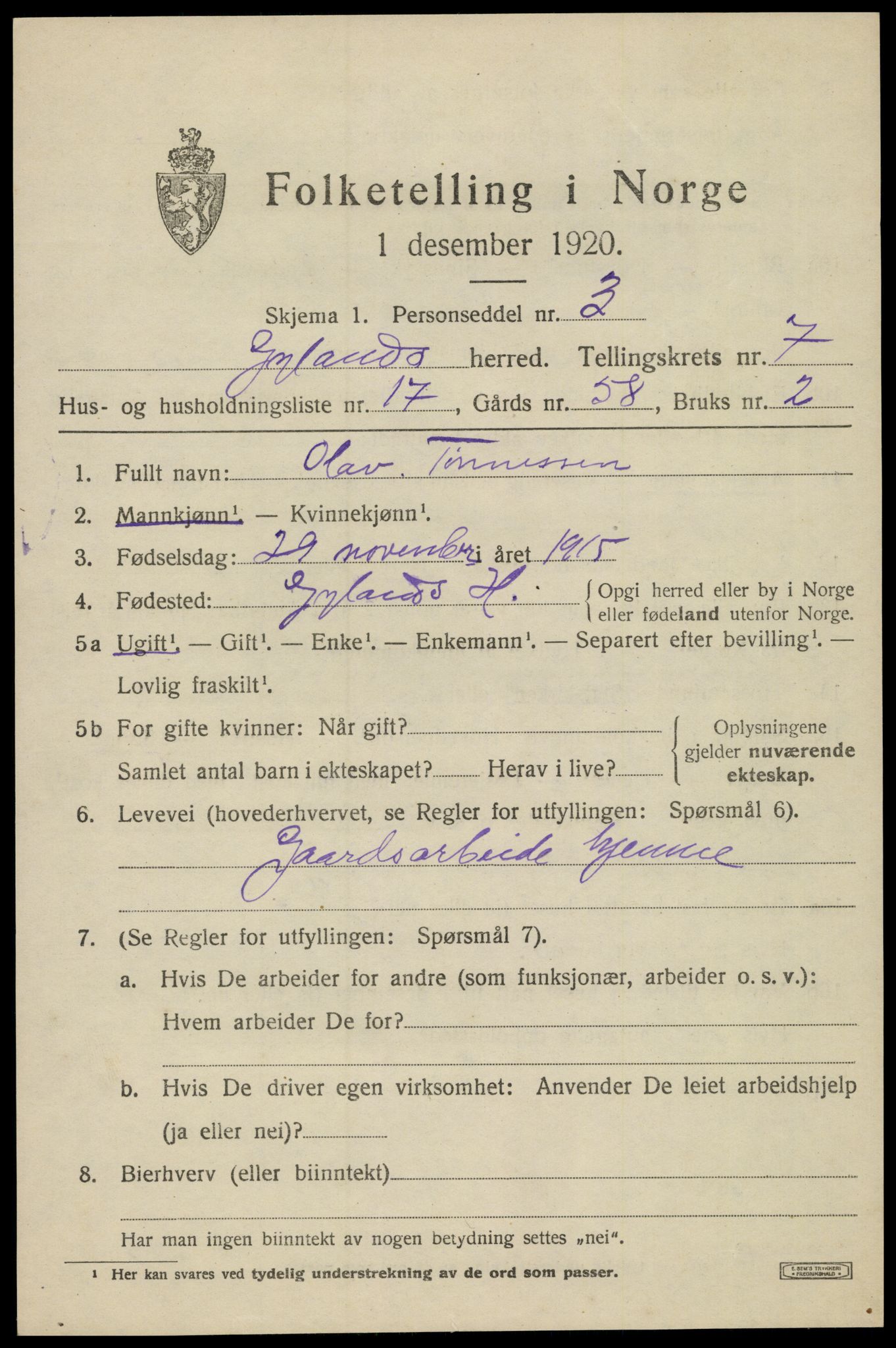 SAK, 1920 census for Gyland, 1920, p. 1628