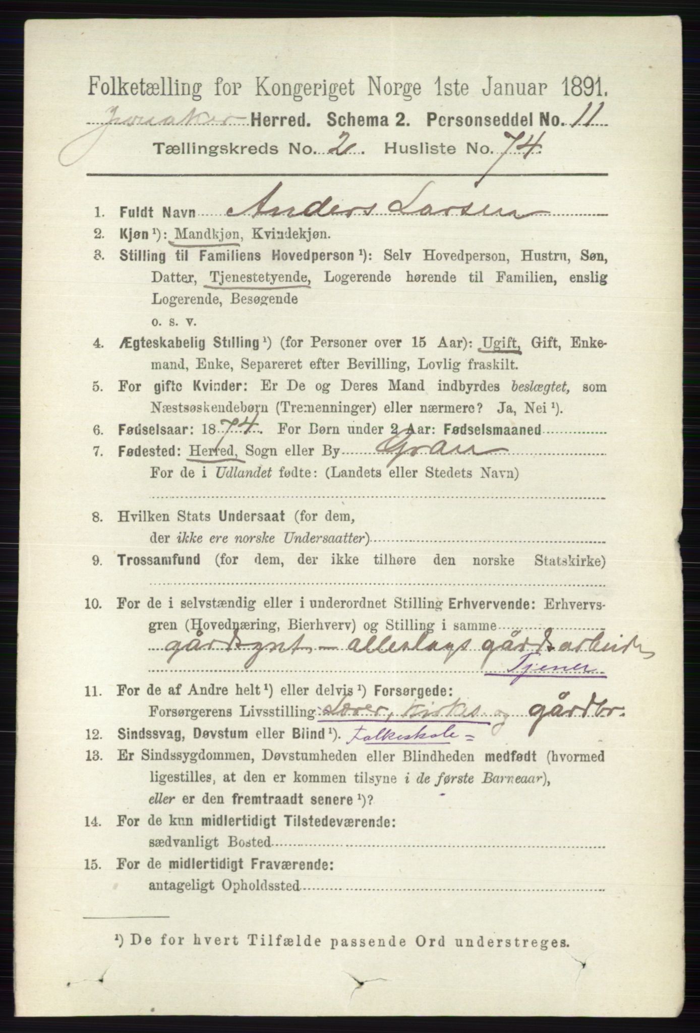 RA, 1891 census for 0532 Jevnaker, 1891, p. 1072