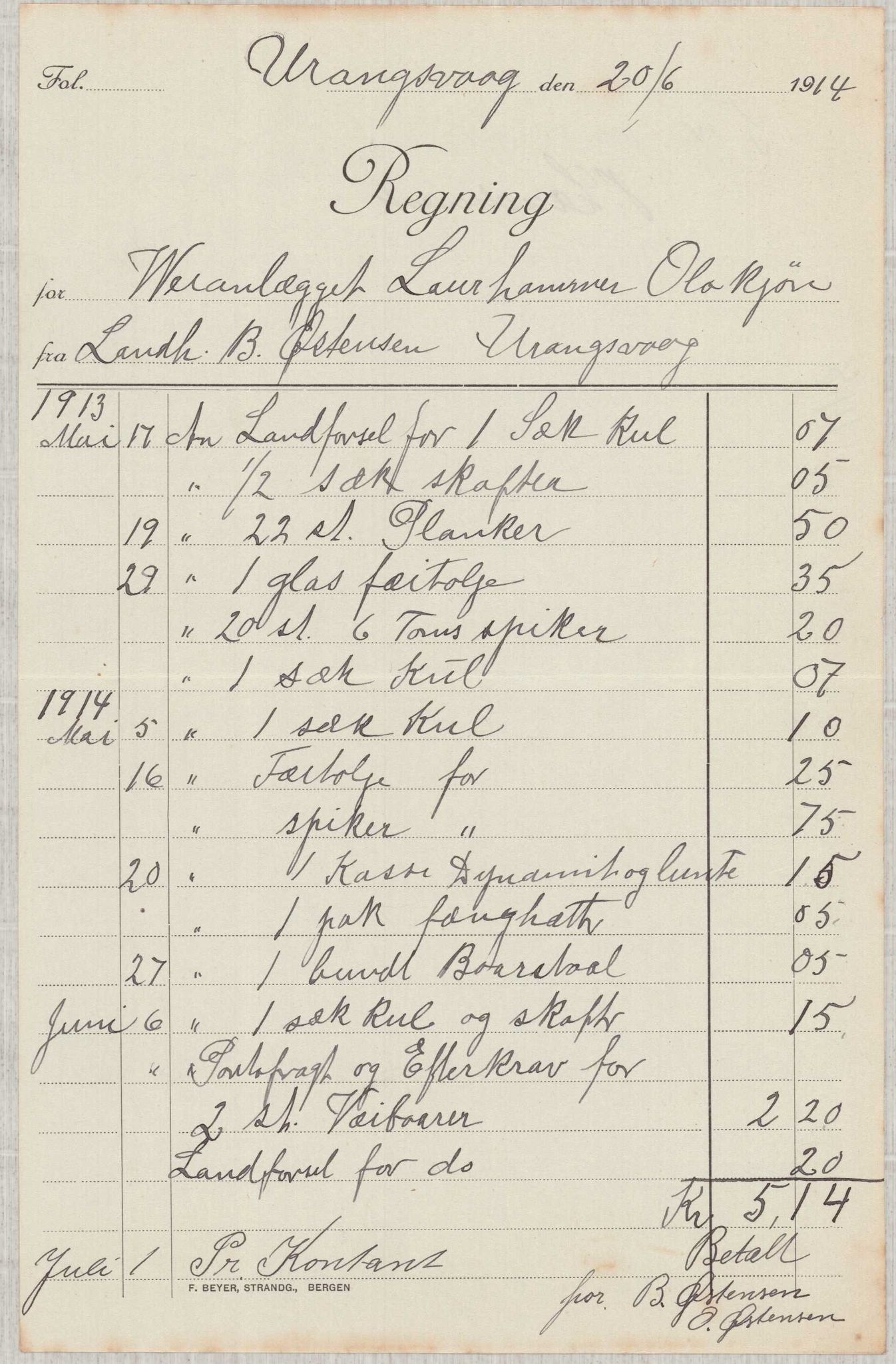 Finnaas kommune. Formannskapet, IKAH/1218a-021/E/Ea/L0001/0004: Rekneskap for veganlegg / Rekneskap for veganlegget Laurhammer - Olakjødn, 1913-1916, p. 30