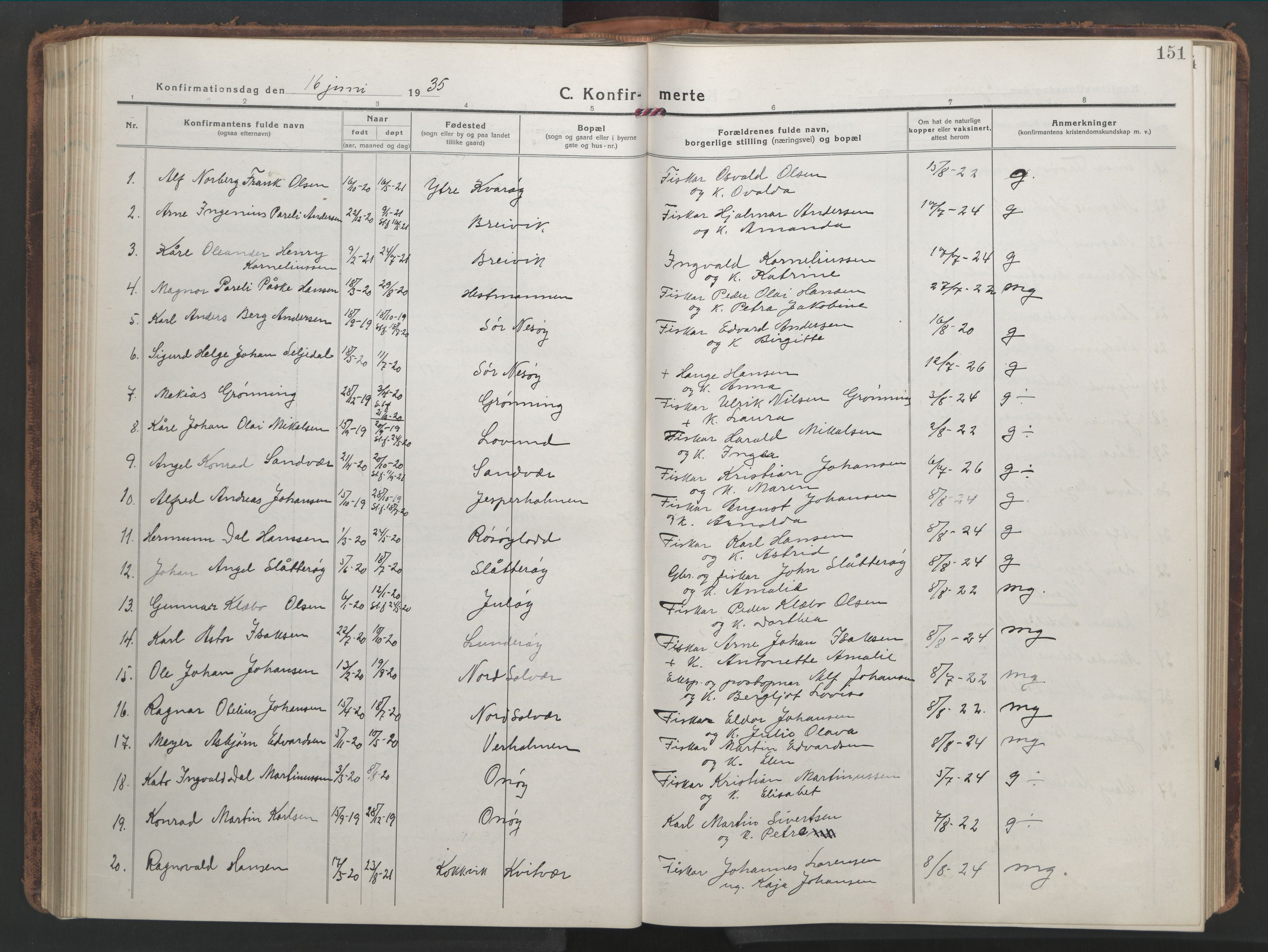 Ministerialprotokoller, klokkerbøker og fødselsregistre - Nordland, SAT/A-1459/839/L0574: Parish register (copy) no. 839C04, 1918-1950, p. 151