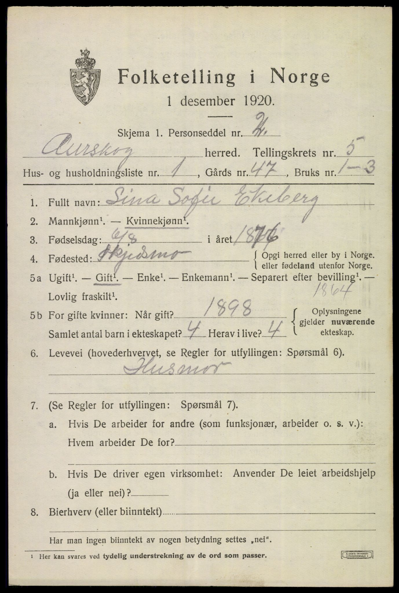 SAO, 1920 census for Aurskog, 1920, p. 6524