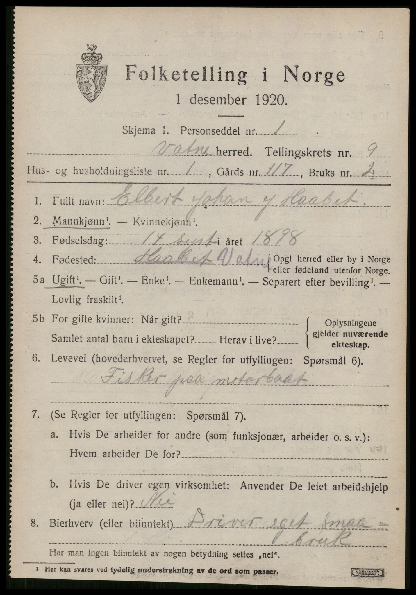 SAT, 1920 census for Vatne, 1920, p. 3664