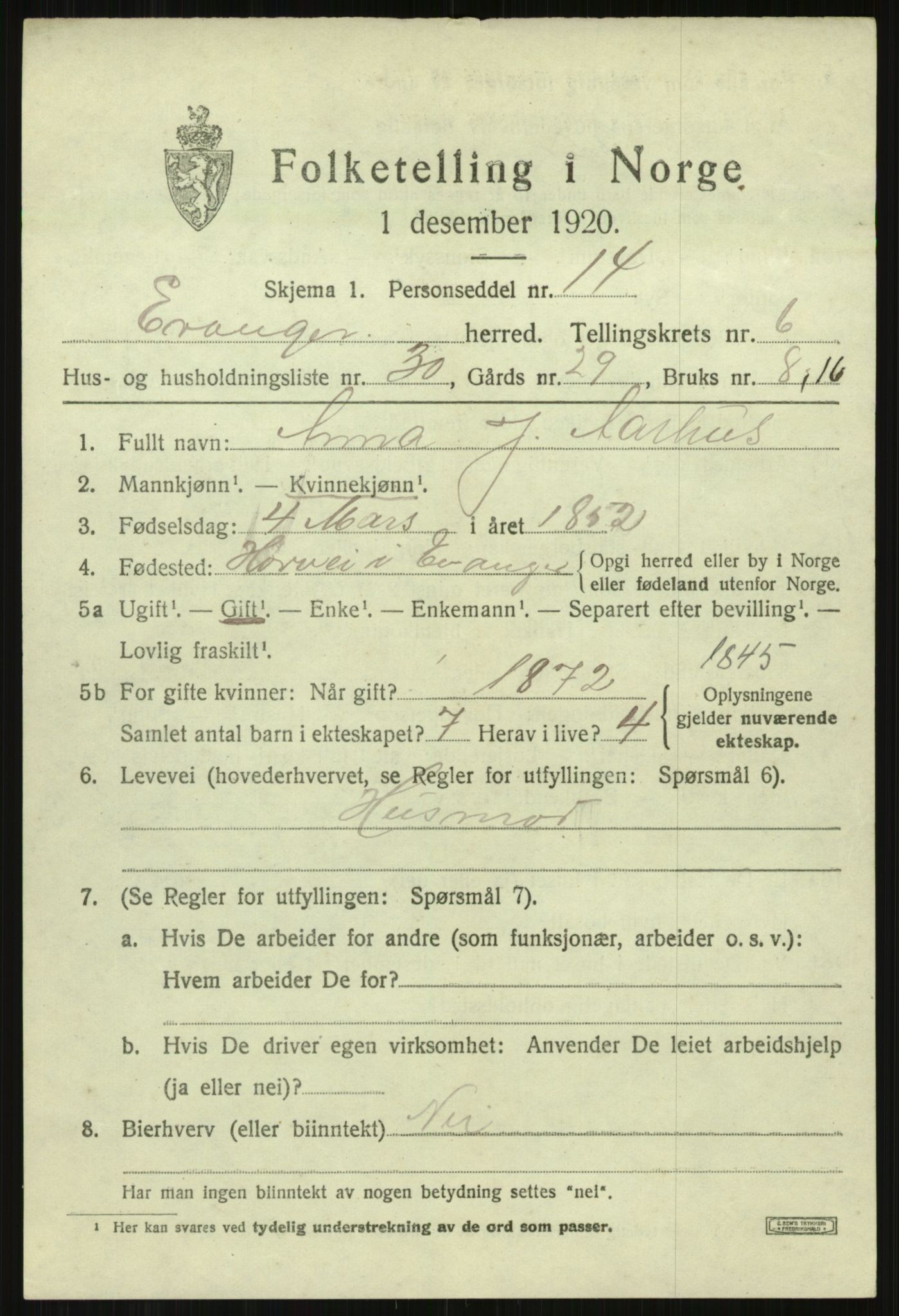 SAB, 1920 census for Evanger, 1920, p. 2317