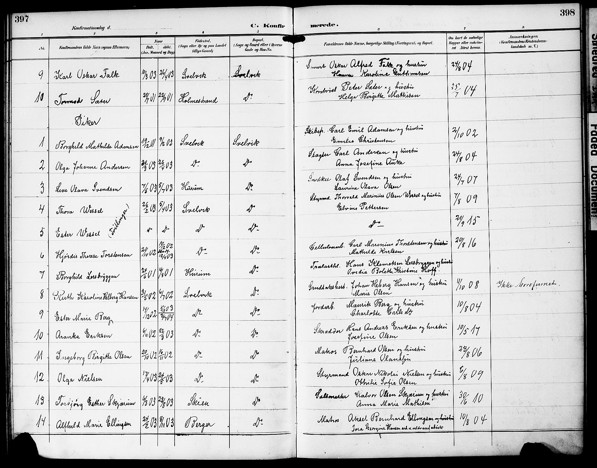 Strømm kirkebøker, AV/SAKO-A-322/G/Gb/L0002: Parish register (copy) no. II 2, 1897-1928, p. 397-398