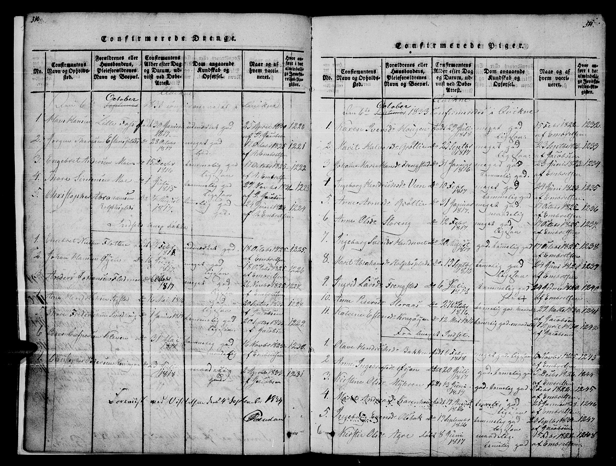 Kvikne prestekontor, SAH/PREST-064/H/Ha/Haa/L0004: Parish register (official) no. 4, 1815-1840, p. 510-511