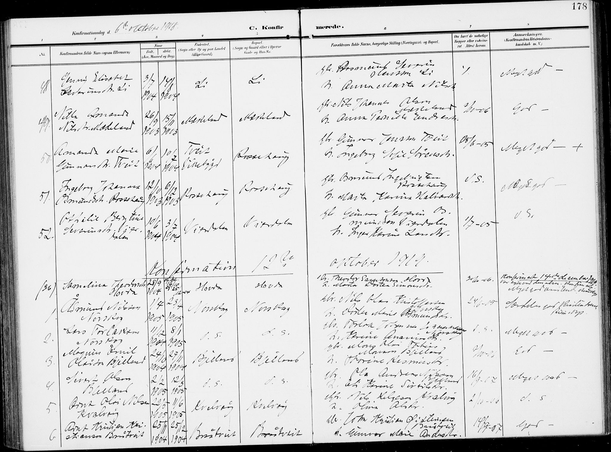 Sveio Sokneprestembete, SAB/A-78501/H/Haa: Parish register (official) no. B  4, 1906-1919, p. 178