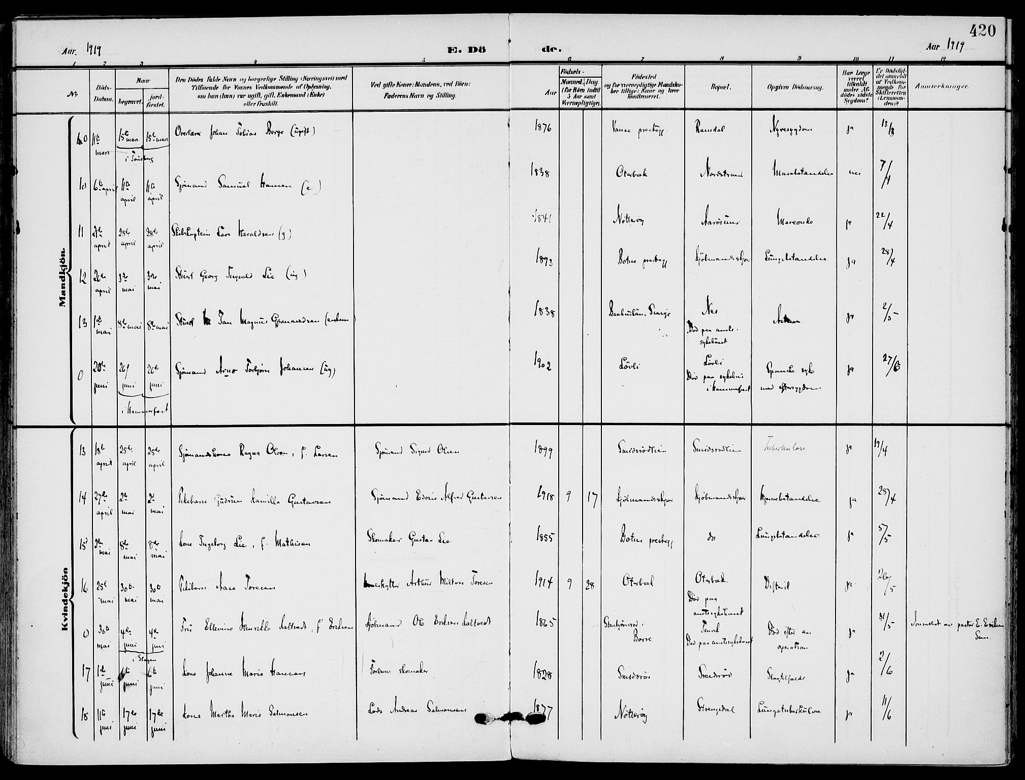 Nøtterøy kirkebøker, AV/SAKO-A-354/F/Fa/L0010: Parish register (official) no. I 10, 1908-1919, p. 420