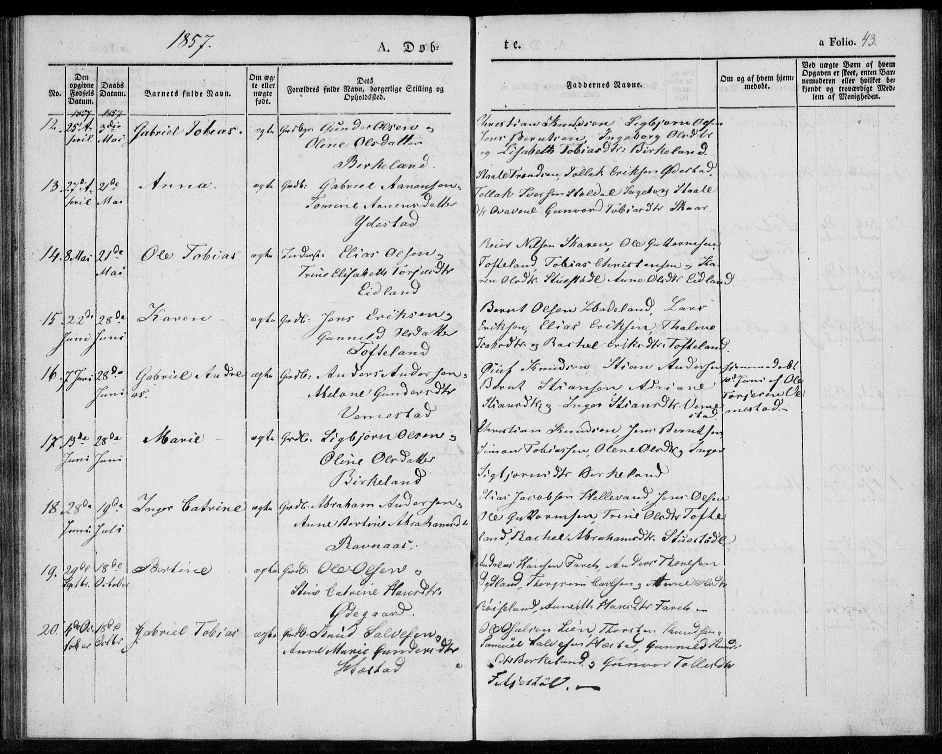 Lyngdal sokneprestkontor, AV/SAK-1111-0029/F/Fa/Fab/L0001: Parish register (official) no. A 1, 1838-1860, p. 43