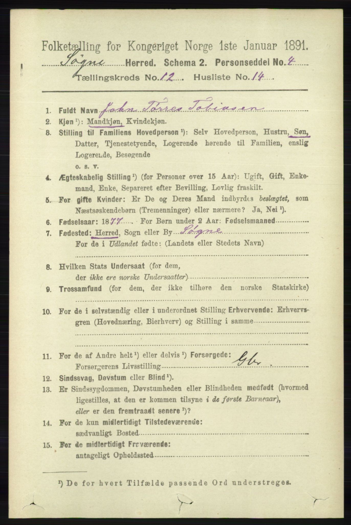 RA, 1891 census for 1018 Søgne, 1891, p. 3186