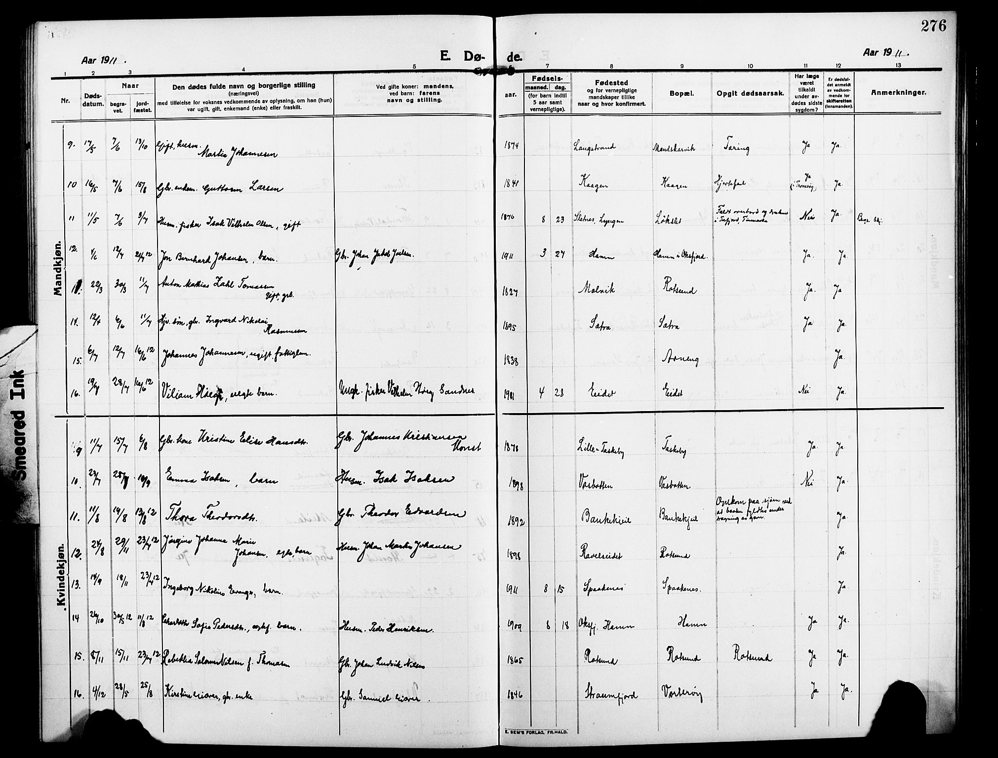 Skjervøy sokneprestkontor, AV/SATØ-S-1300/H/Ha/Hab/L0009klokker: Parish register (copy) no. 9, 1911-1926, p. 276