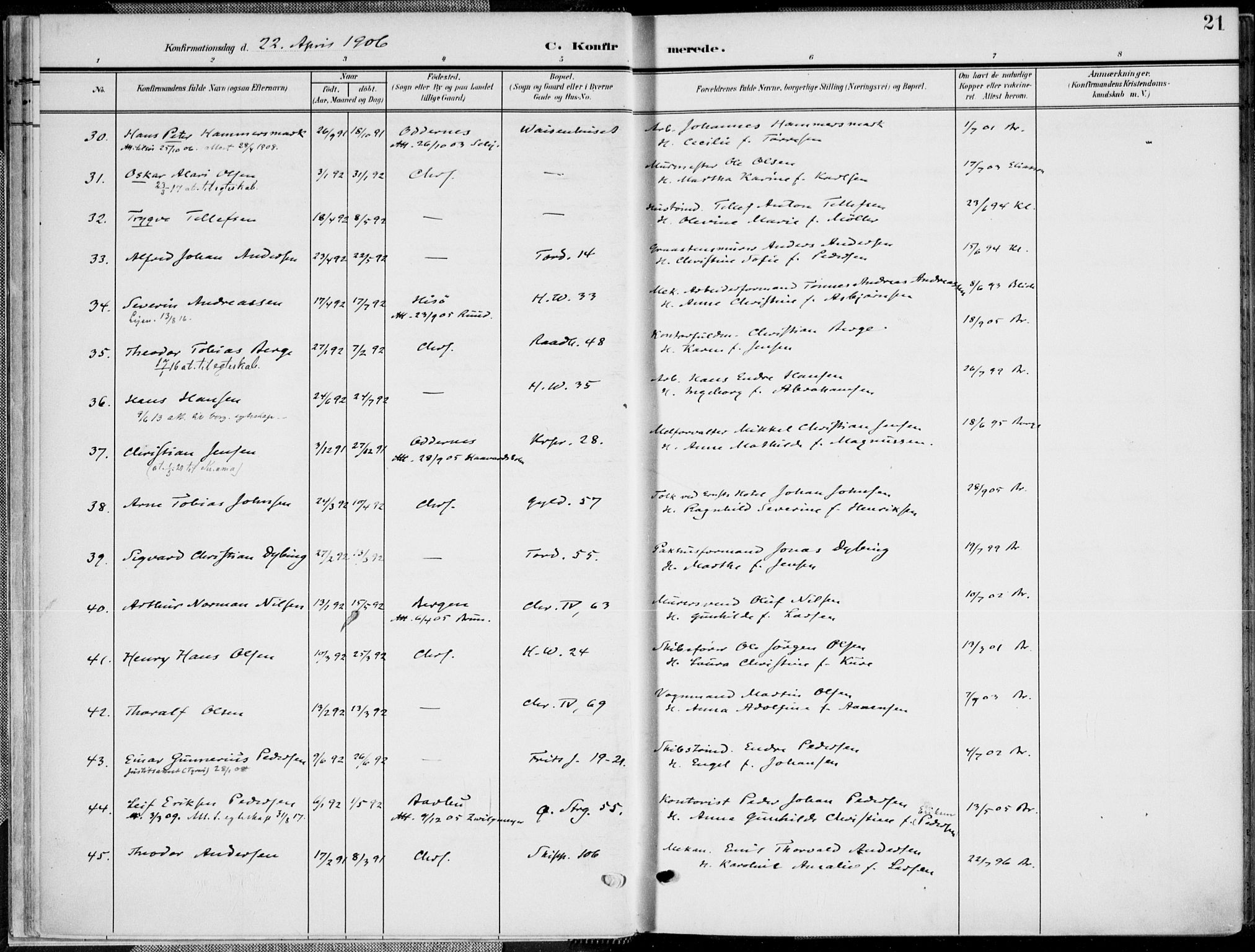 Kristiansand domprosti, AV/SAK-1112-0006/F/Fa/L0022: Parish register (official) no. A 21, 1905-1916, p. 21