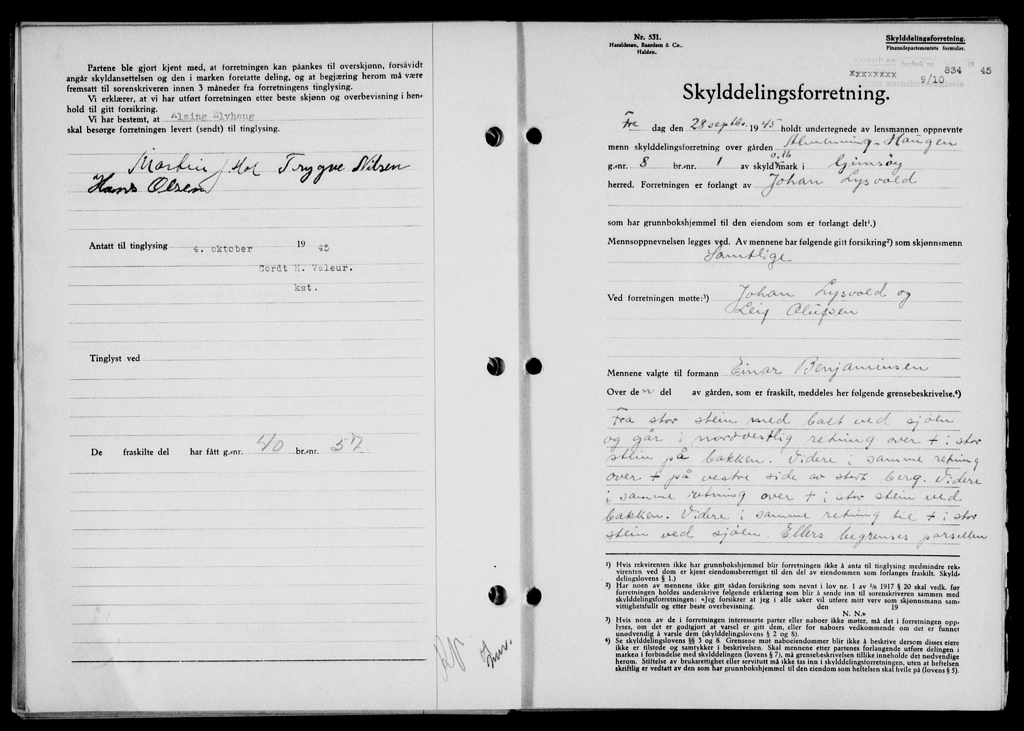 Lofoten sorenskriveri, SAT/A-0017/1/2/2C/L0013a: Mortgage book no. 13a, 1944-1946, Diary no: : 834/1945
