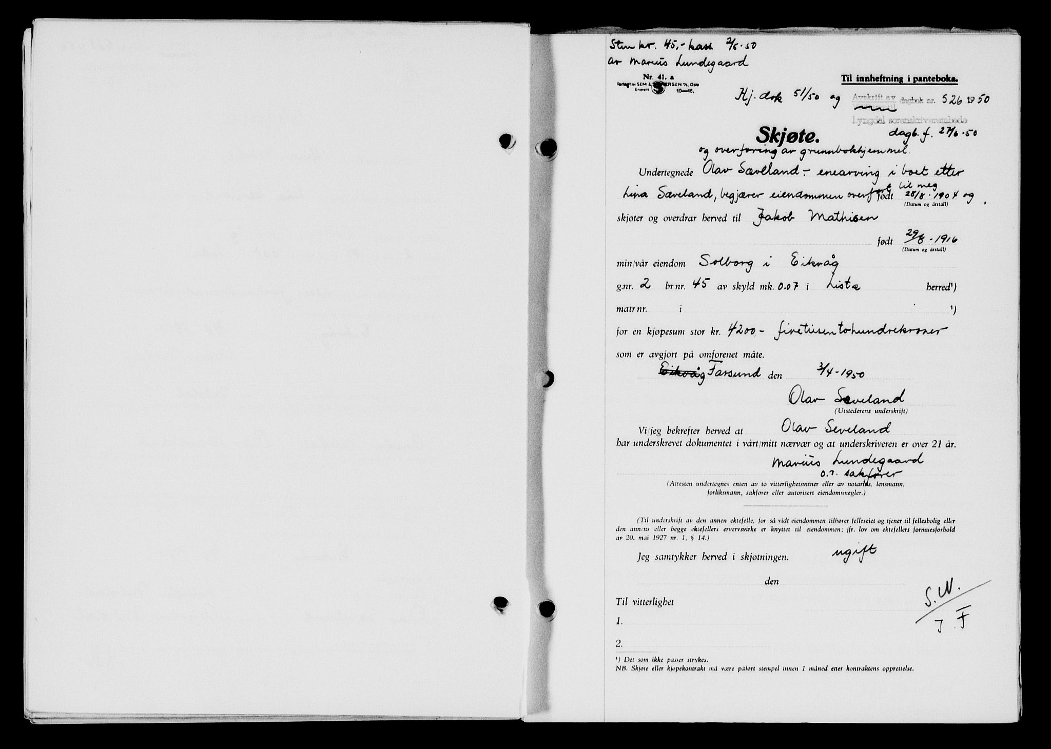 Lyngdal sorenskriveri, AV/SAK-1221-0004/G/Gb/L0665: Mortgage book no. A XI, 1950-1950, Diary no: : 526/1950