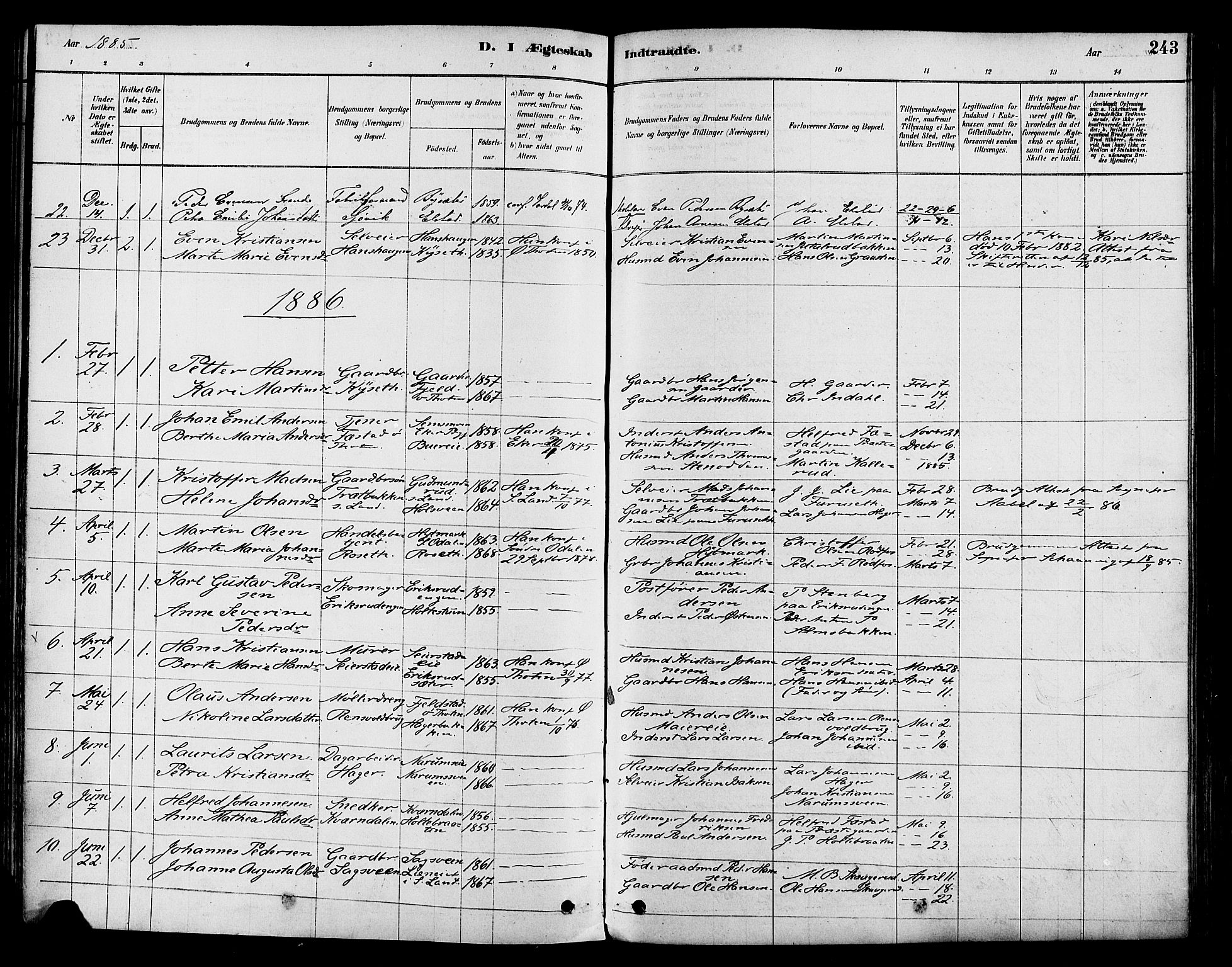 Vestre Toten prestekontor, AV/SAH-PREST-108/H/Ha/Haa/L0009: Parish register (official) no. 9, 1878-1894, p. 243