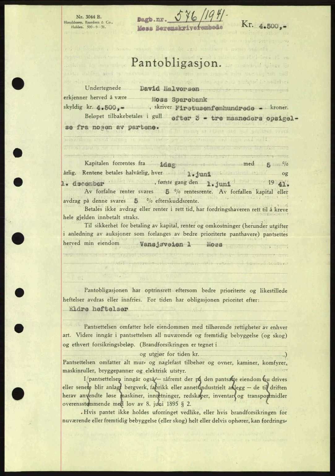 Moss sorenskriveri, SAO/A-10168: Mortgage book no. B10, 1940-1941, Diary no: : 576/1941