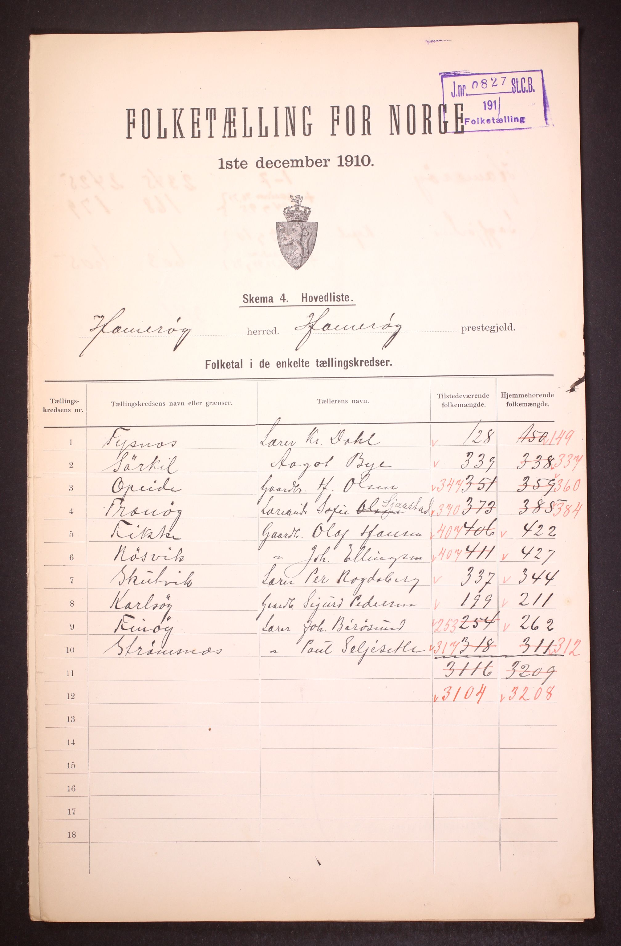 RA, 1910 census for Hamarøy, 1910, p. 2