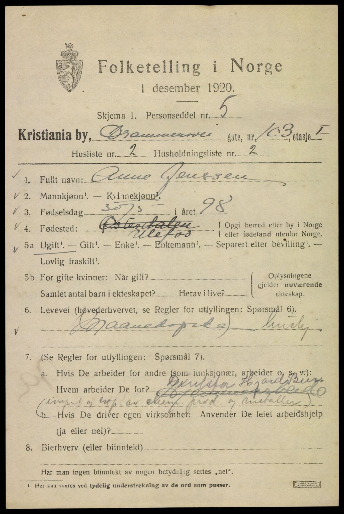 SAO, 1920 census for Kristiania, 1920, p. 203115