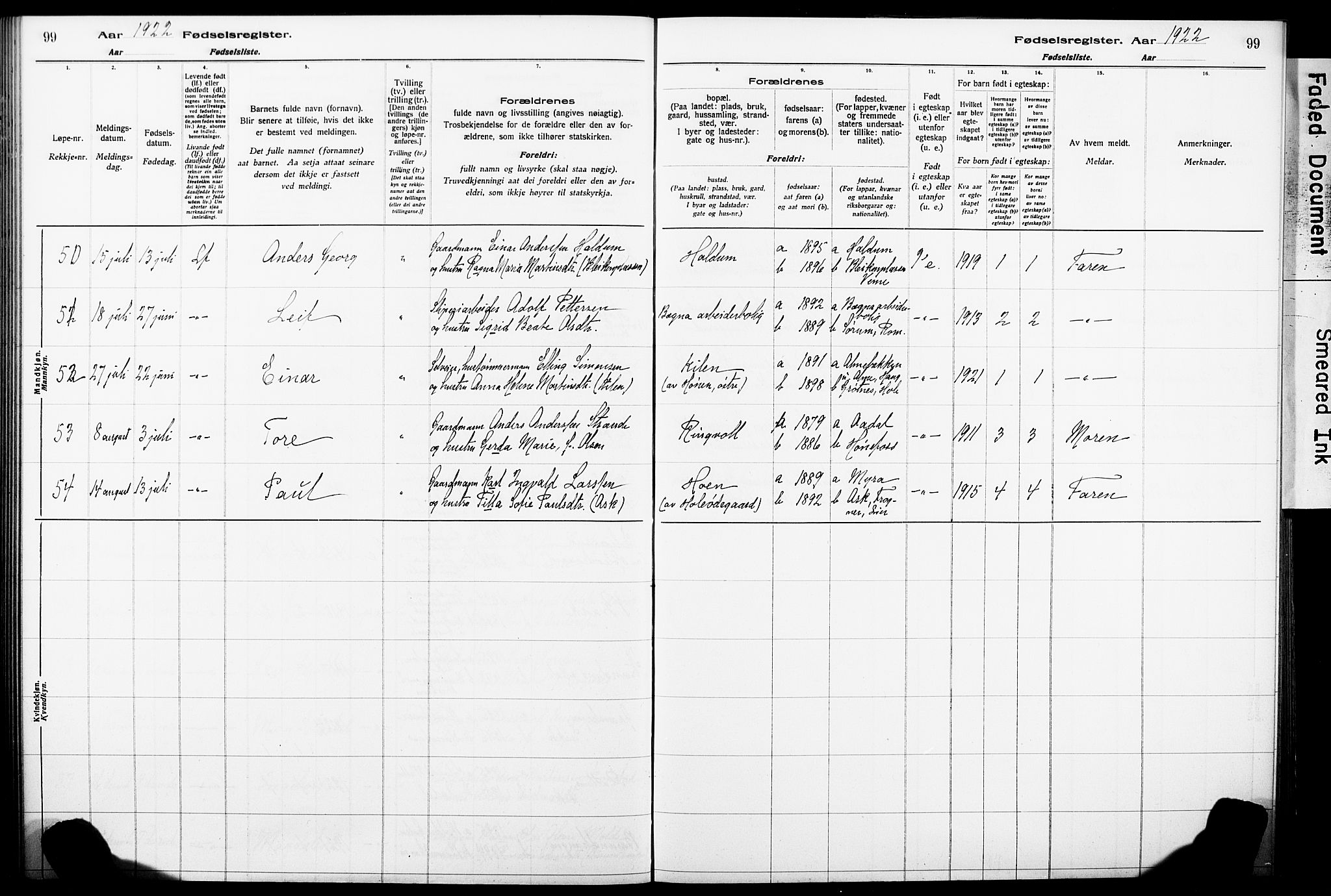 Norderhov kirkebøker, AV/SAKO-A-237/J/Ja/L0001: Birth register no. 1, 1916-1930, p. 99