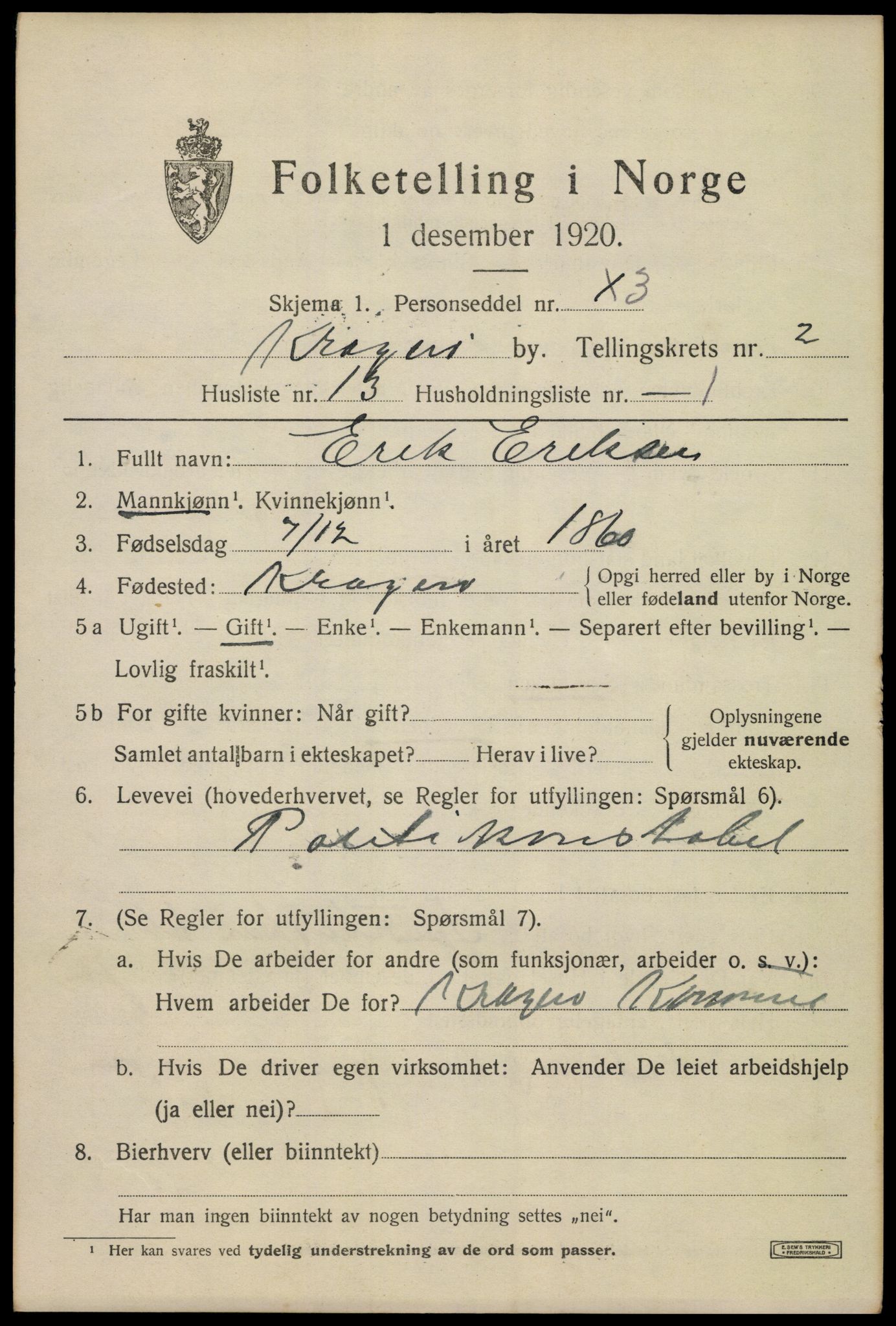 SAKO, 1920 census for Kragerø, 1920, p. 5453