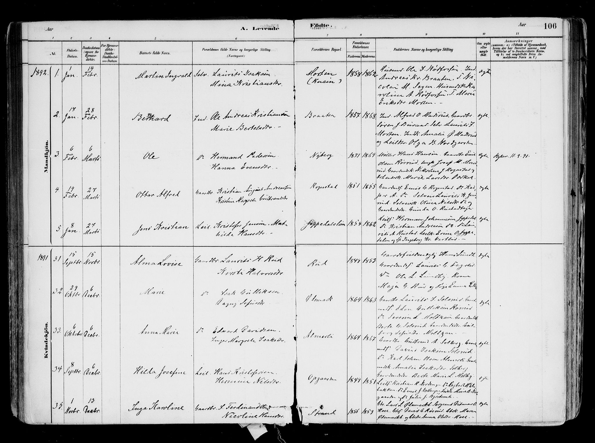 Hurdal prestekontor Kirkebøker, SAO/A-10889/F/Fa/L0007: Parish register (official) no. I 7, 1878-1906, p. 106