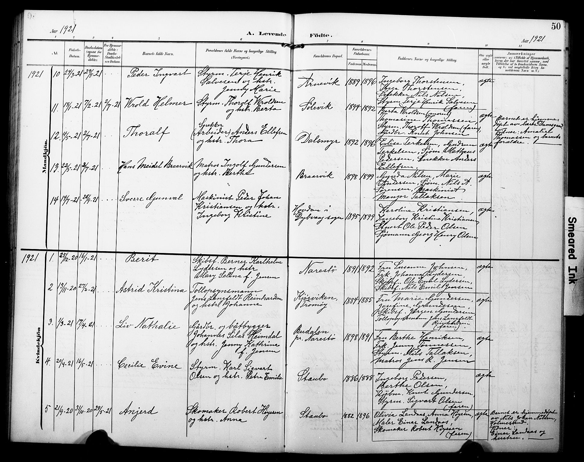 Dypvåg sokneprestkontor, AV/SAK-1111-0007/F/Fb/Fbb/L0005: Parish register (copy) no. B 5, 1905-1924, p. 50