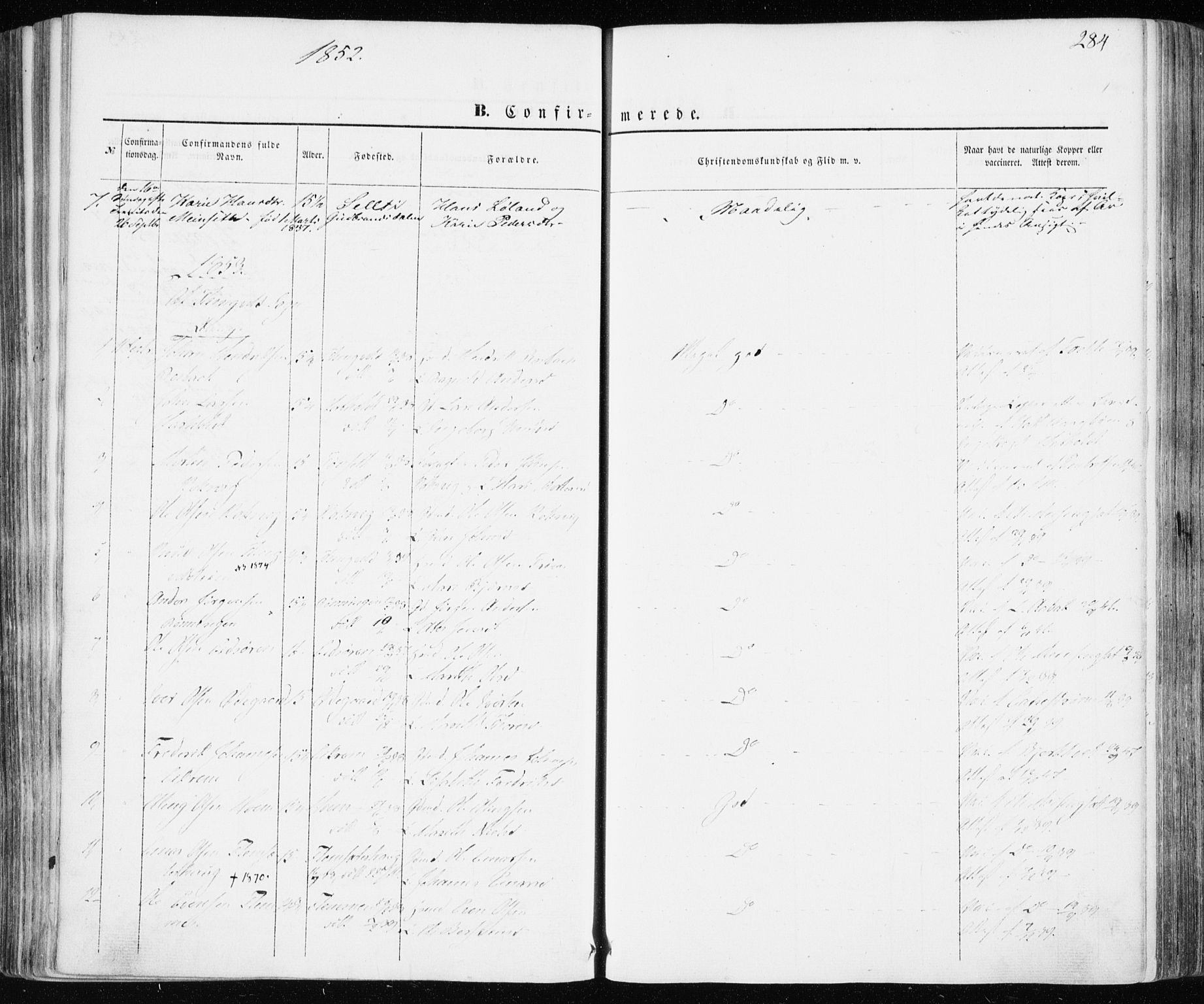 Ministerialprotokoller, klokkerbøker og fødselsregistre - Møre og Romsdal, SAT/A-1454/586/L0984: Parish register (official) no. 586A10, 1844-1856, p. 284