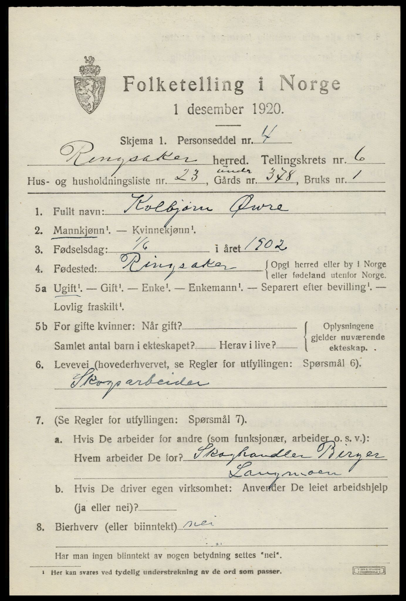 SAH, 1920 census for Ringsaker, 1920, p. 11528
