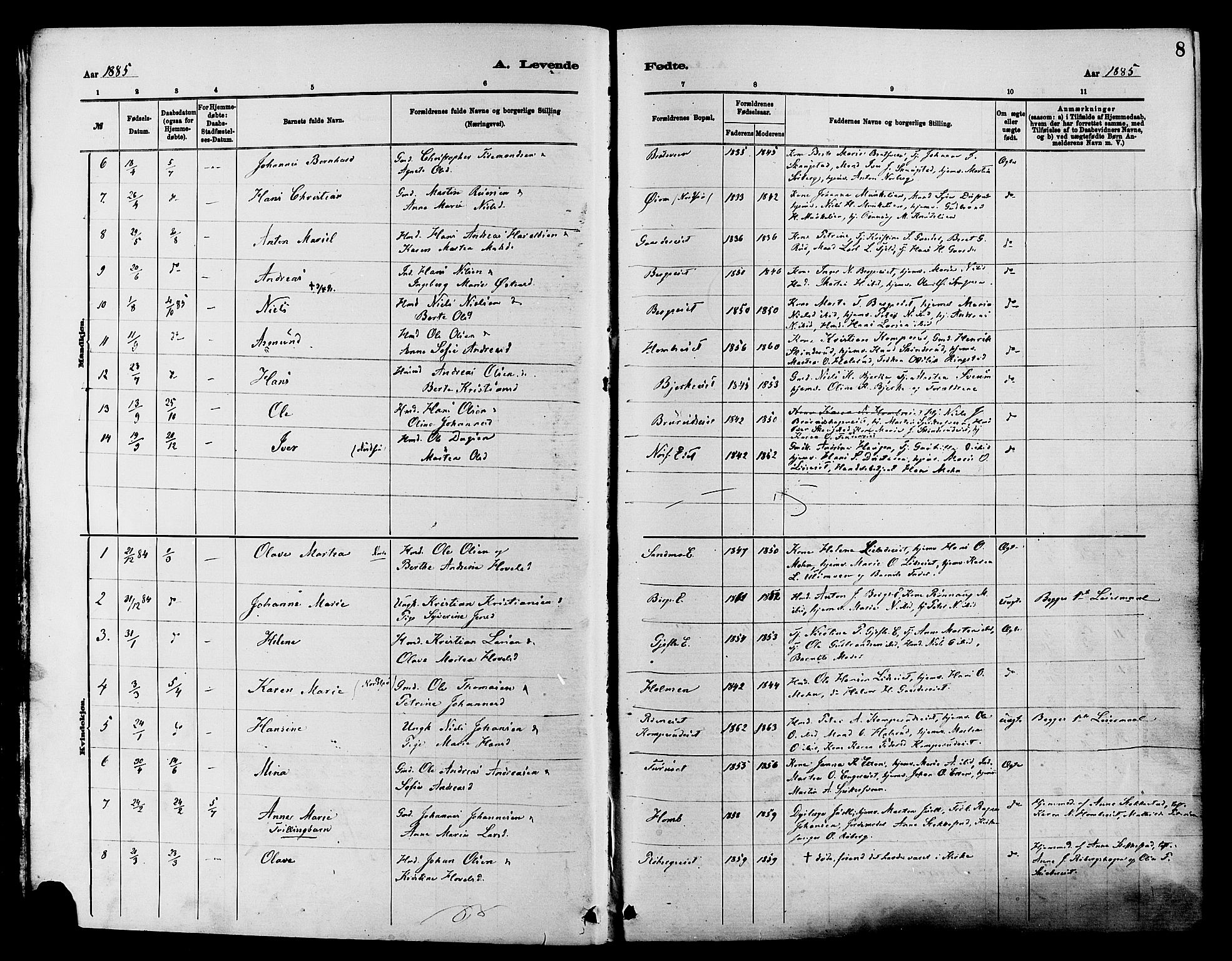 Nordre Land prestekontor, SAH/PREST-124/H/Ha/Haa/L0003: Parish register (official) no. 3, 1882-1896, p. 8