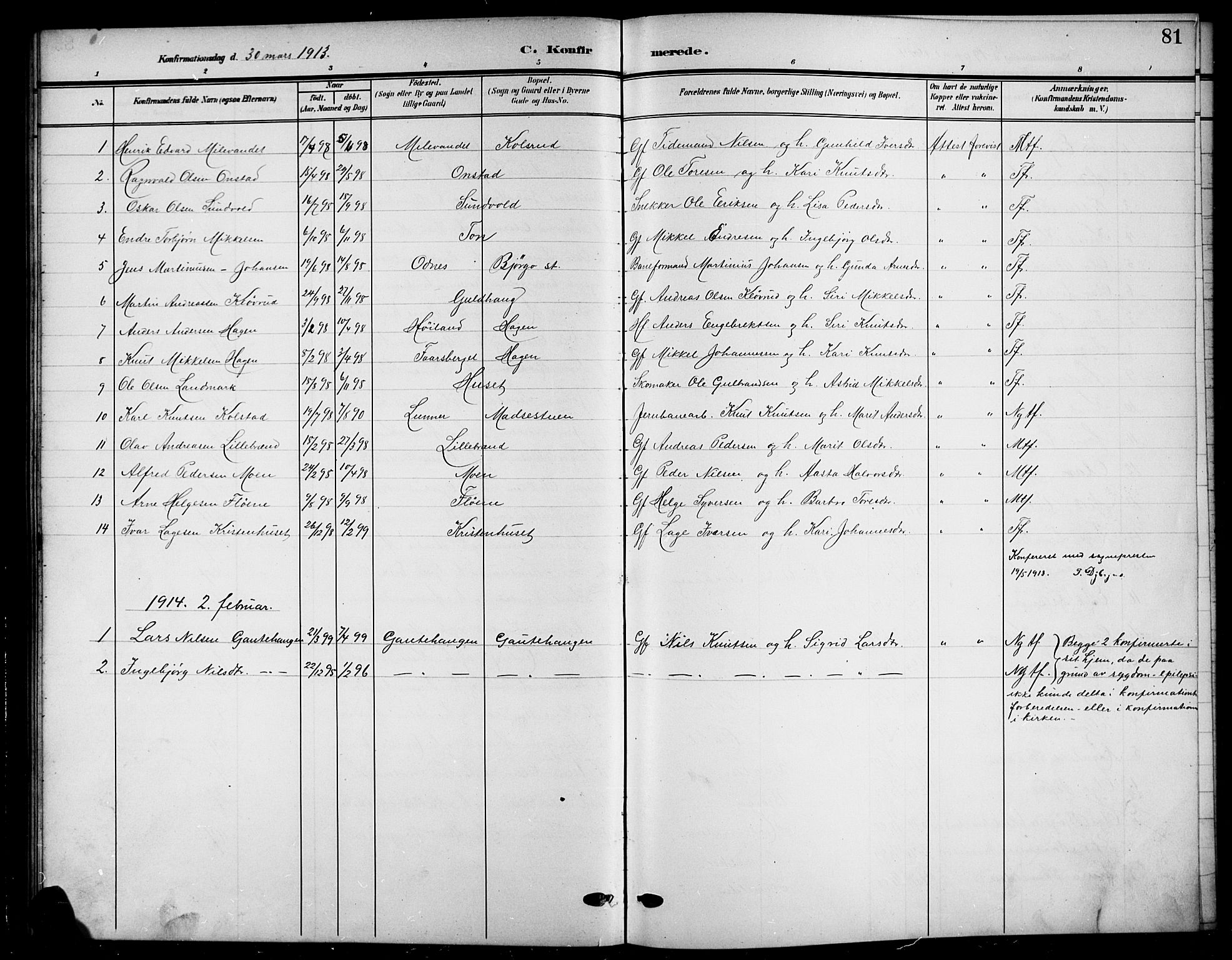 Nord-Aurdal prestekontor, SAH/PREST-132/H/Ha/Hab/L0012: Parish register (copy) no. 12, 1907-1920, p. 81
