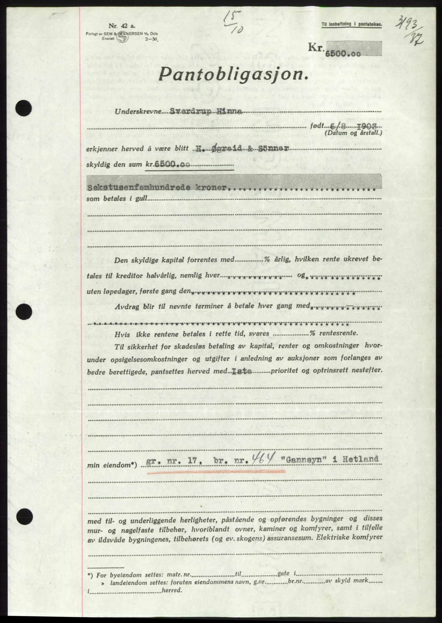Jæren sorenskriveri, SAST/A-100310/03/G/Gba/L0069: Mortgage book, 1937-1937, Diary no: : 3193/1937