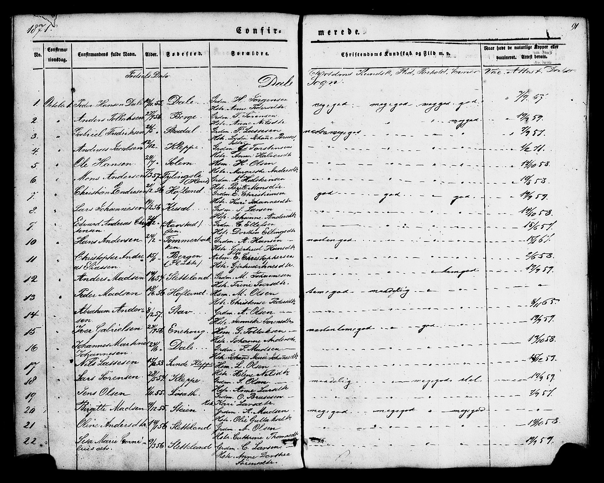 Fjaler sokneprestembete, SAB/A-79801/H/Haa/Haaa/L0008: Parish register (official) no. A 8, 1850-1886, p. 91