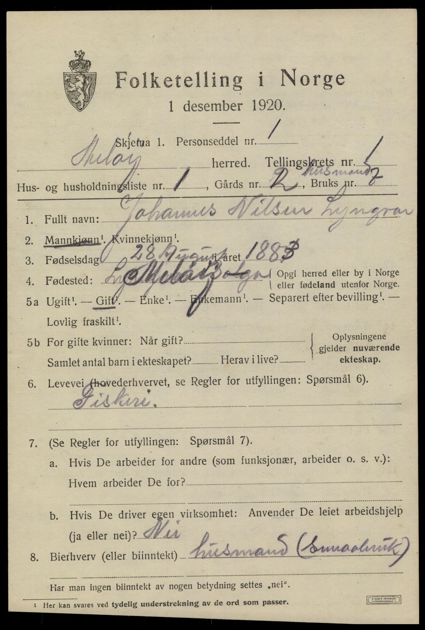 SAT, 1920 census for Meløy, 1920, p. 1457