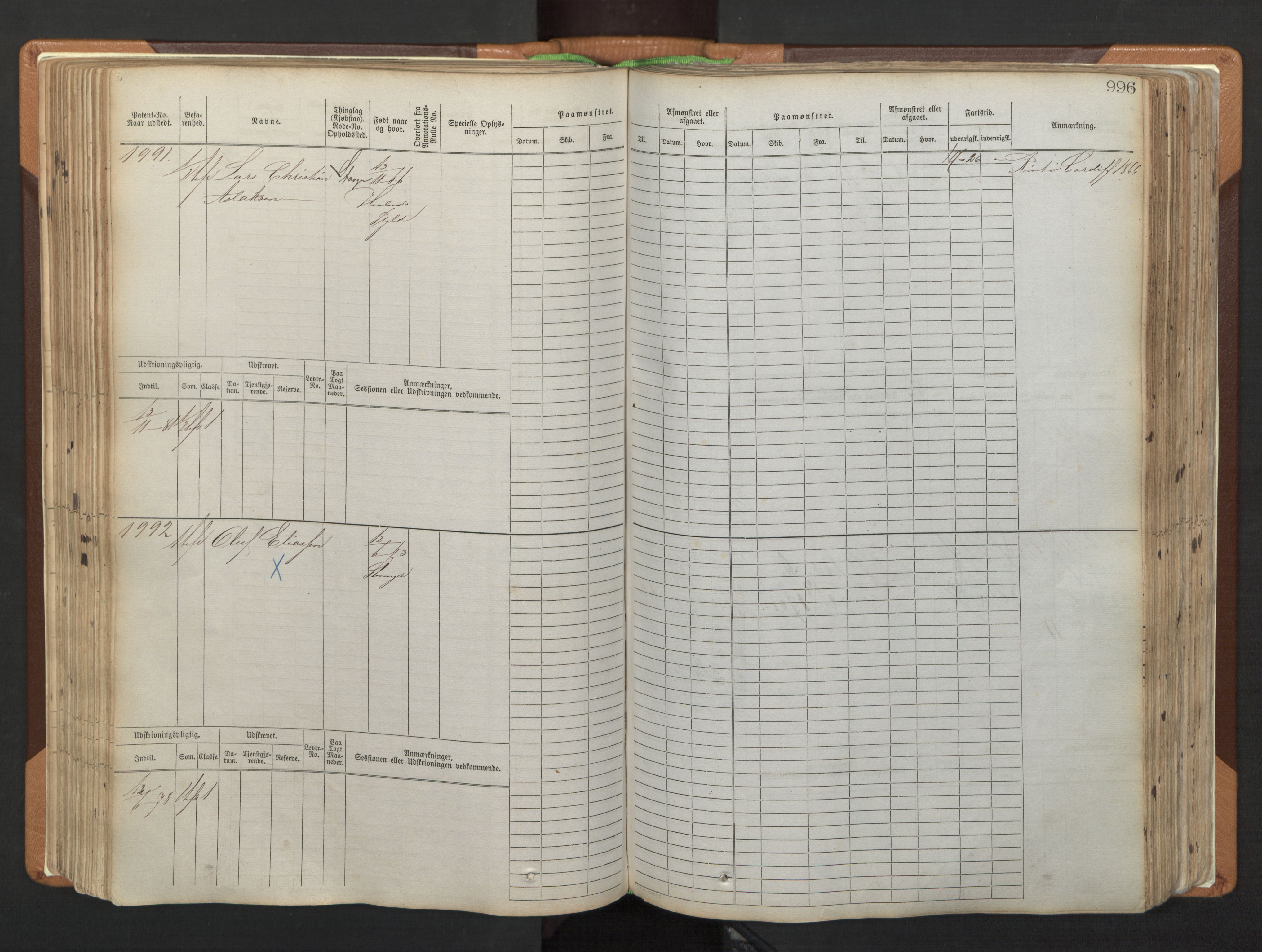 Stavanger sjømannskontor, SAST/A-102006/F/Fb/Fbb/L0006: Sjøfartshovedrulle, patentnr. 1607-2402 (del 3), 1869-1880, p. 196