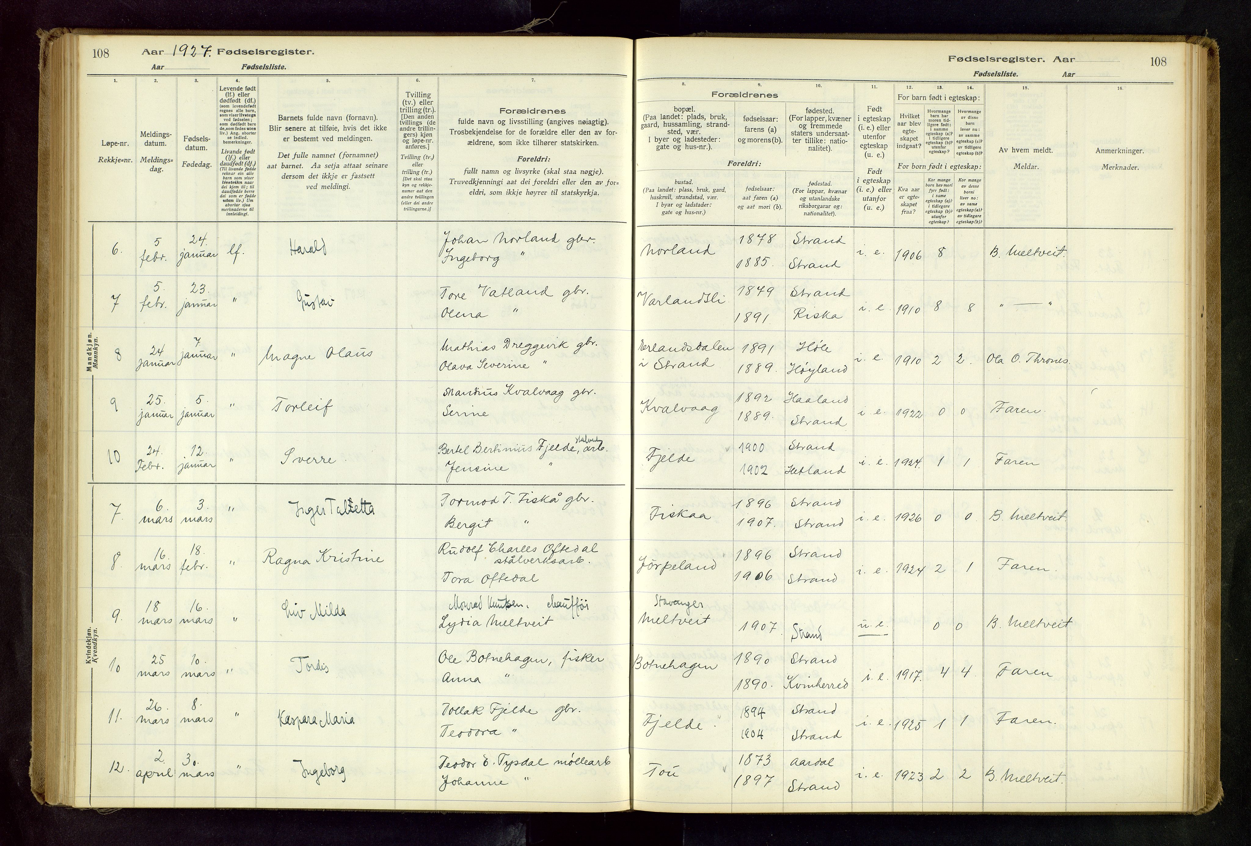 Strand sokneprestkontor, AV/SAST-A-101828/I/Id/L0001: Birth register no. 1, 1916-1938, p. 108