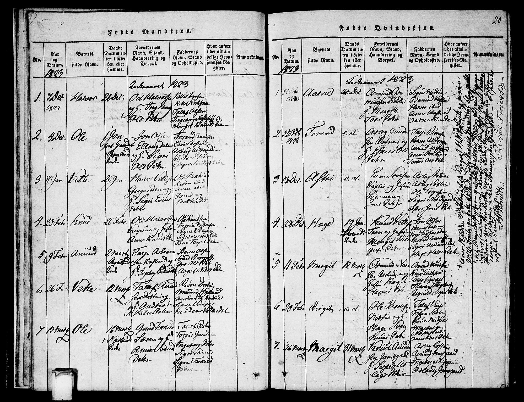 Vinje kirkebøker, SAKO/A-312/G/Ga/L0001: Parish register (copy) no. I 1, 1814-1843, p. 20